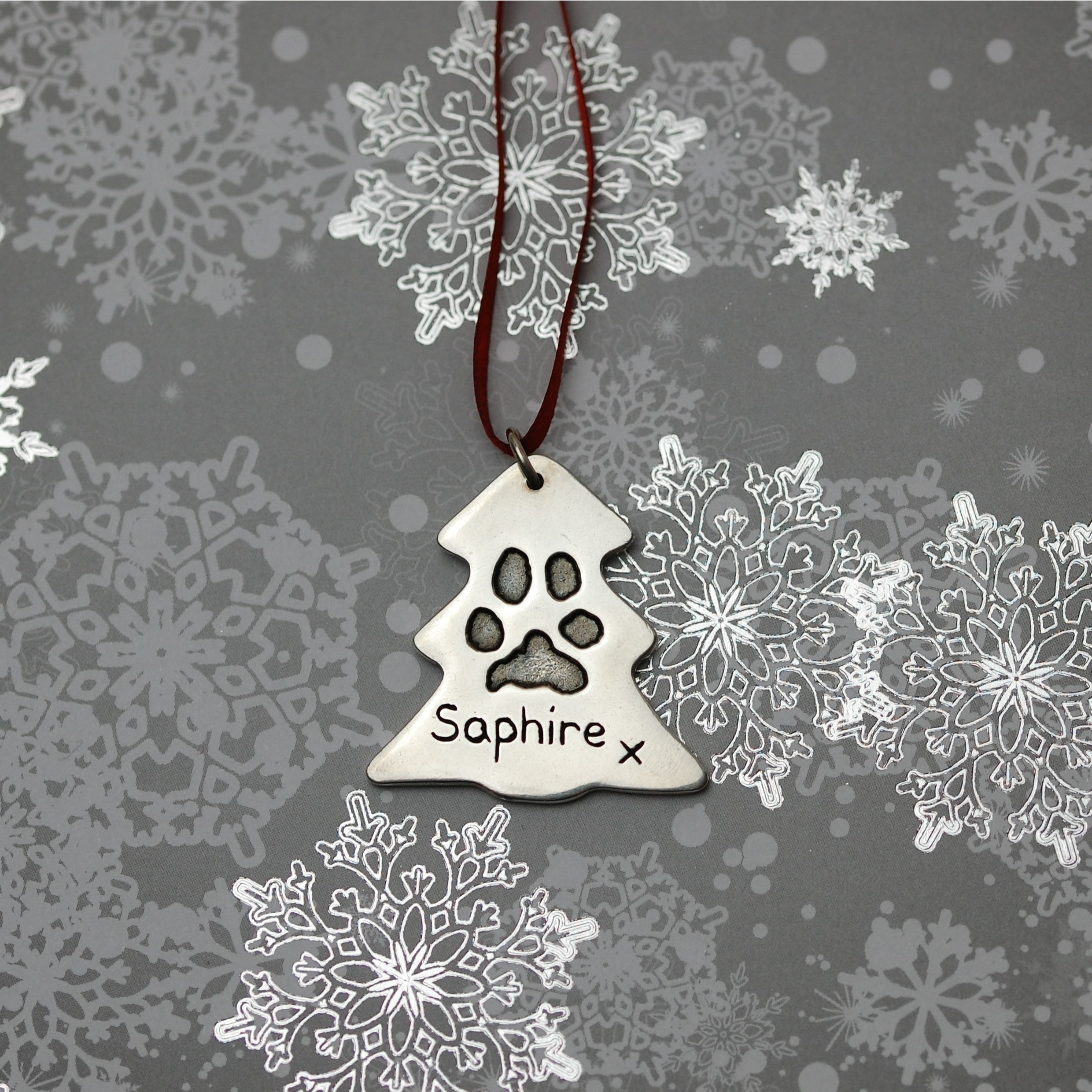 Sterling silver Christmas tree decoration with your pet's unique paw print