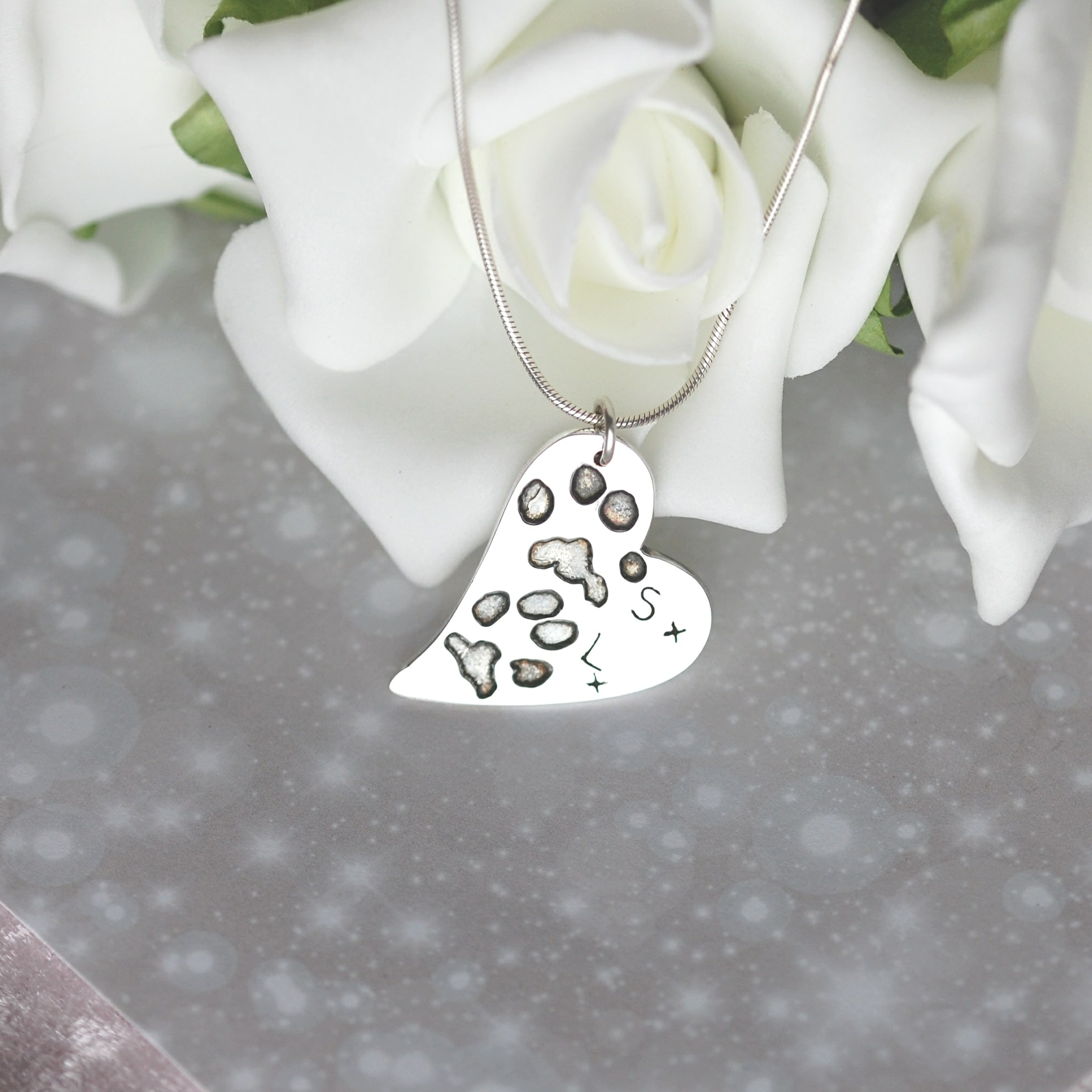 Large silver curved heart with your pet's unique paw prints and names