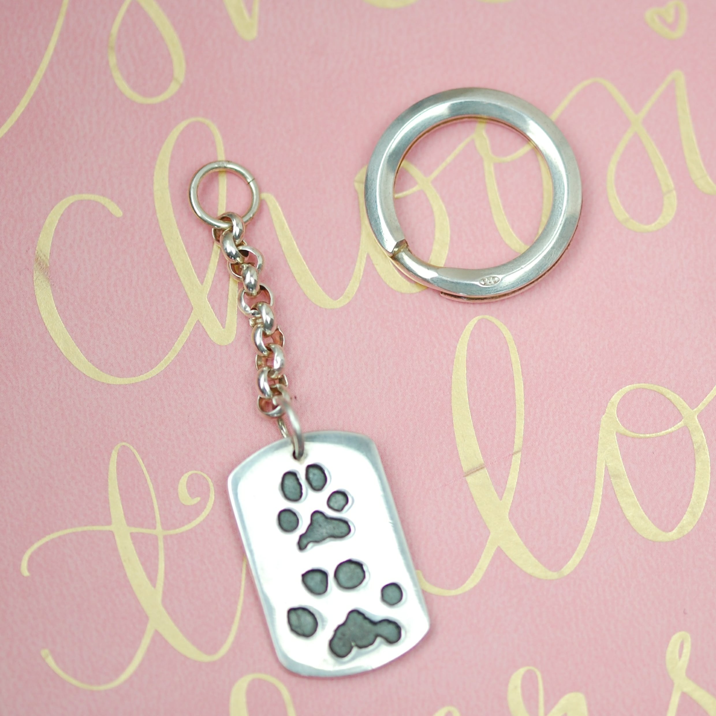 Gifts for dogs and their parents - Large sterling silver keyring with your pets unique paw prints