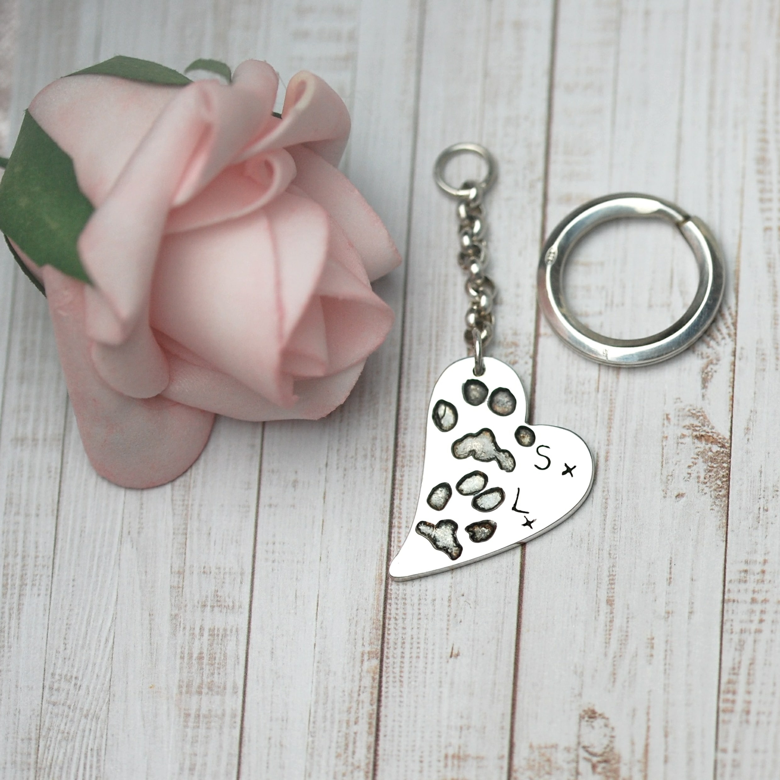 Large sterling silver curved heart keyring with your pets uniique paw prints