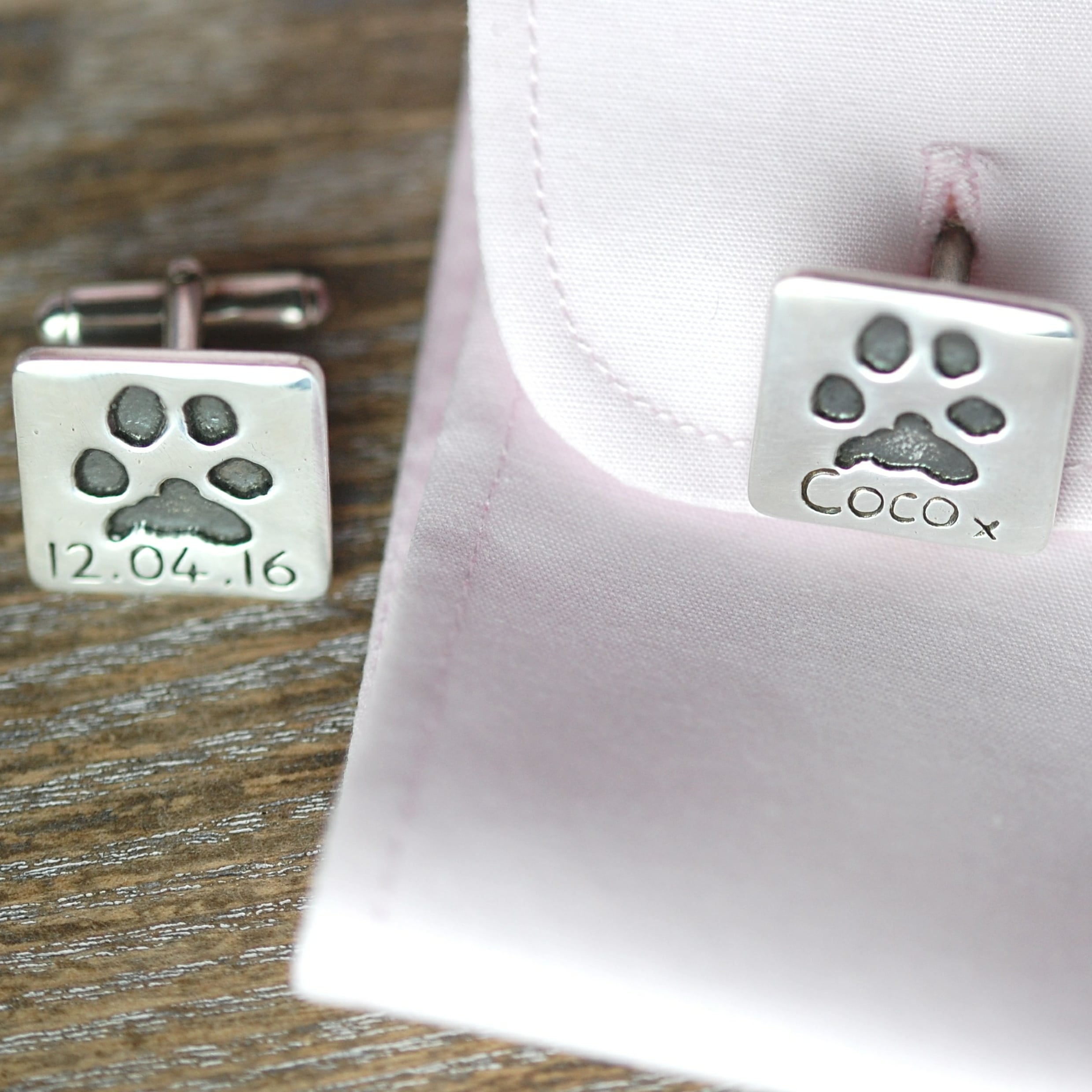 Silver square paw print cufflinks with name and date personalisation