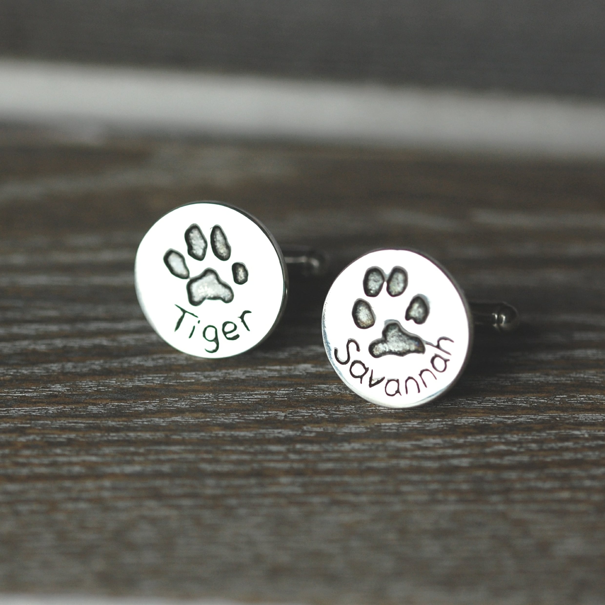 Sterling silver cufflinks showcasing your pet's paw prints and names