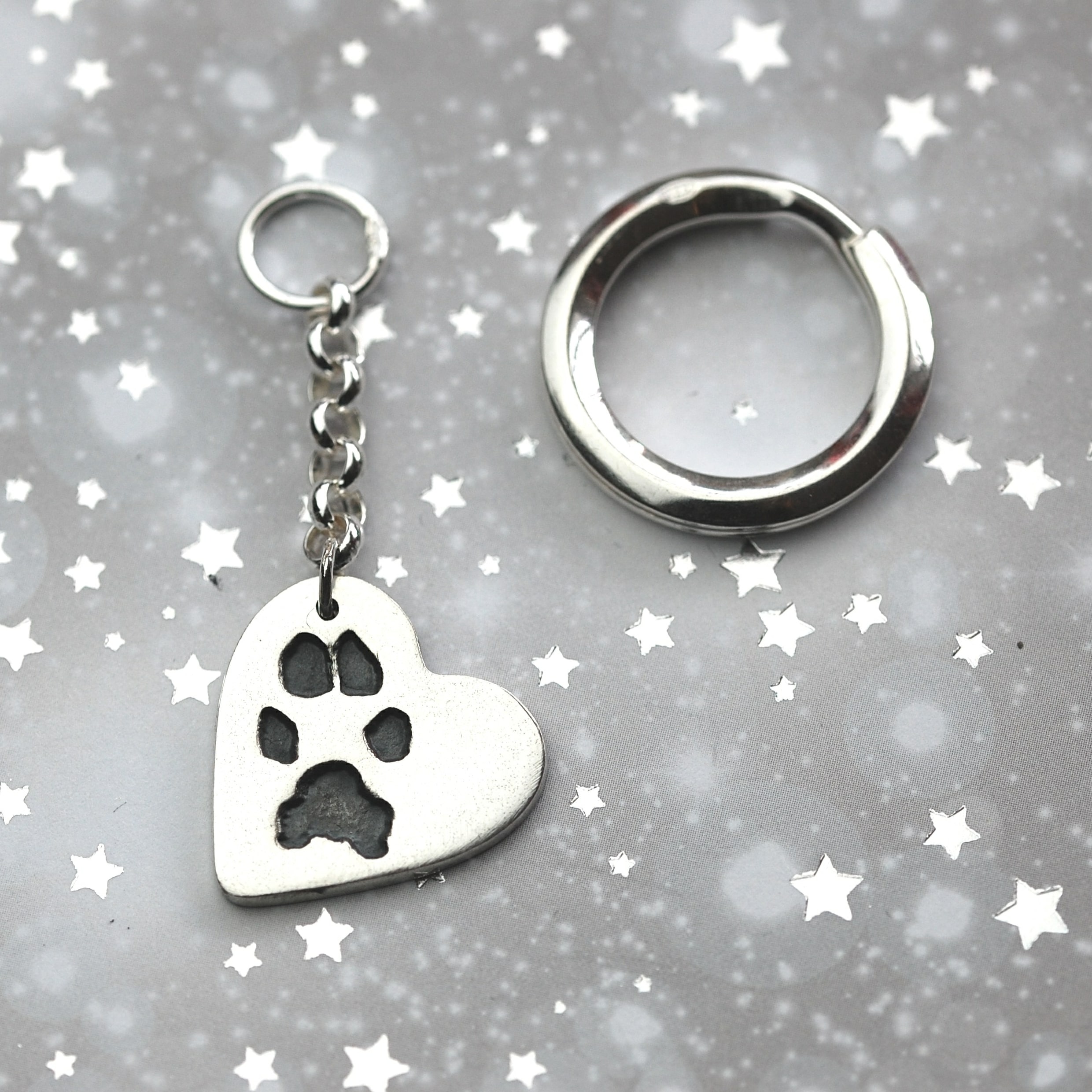 Silver heart keyring with your own dog's paw print