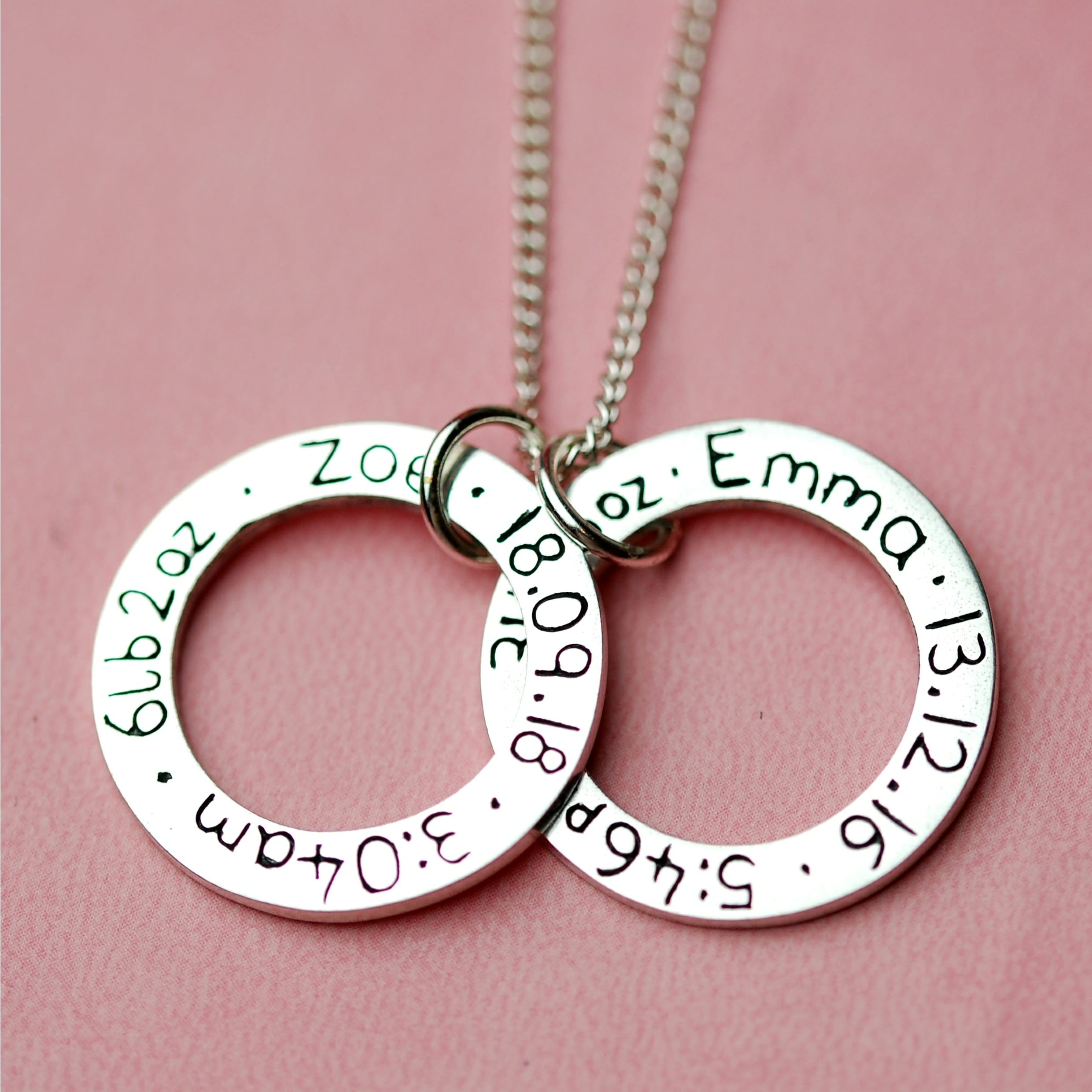 Sterling silver circle charms with baby birth details