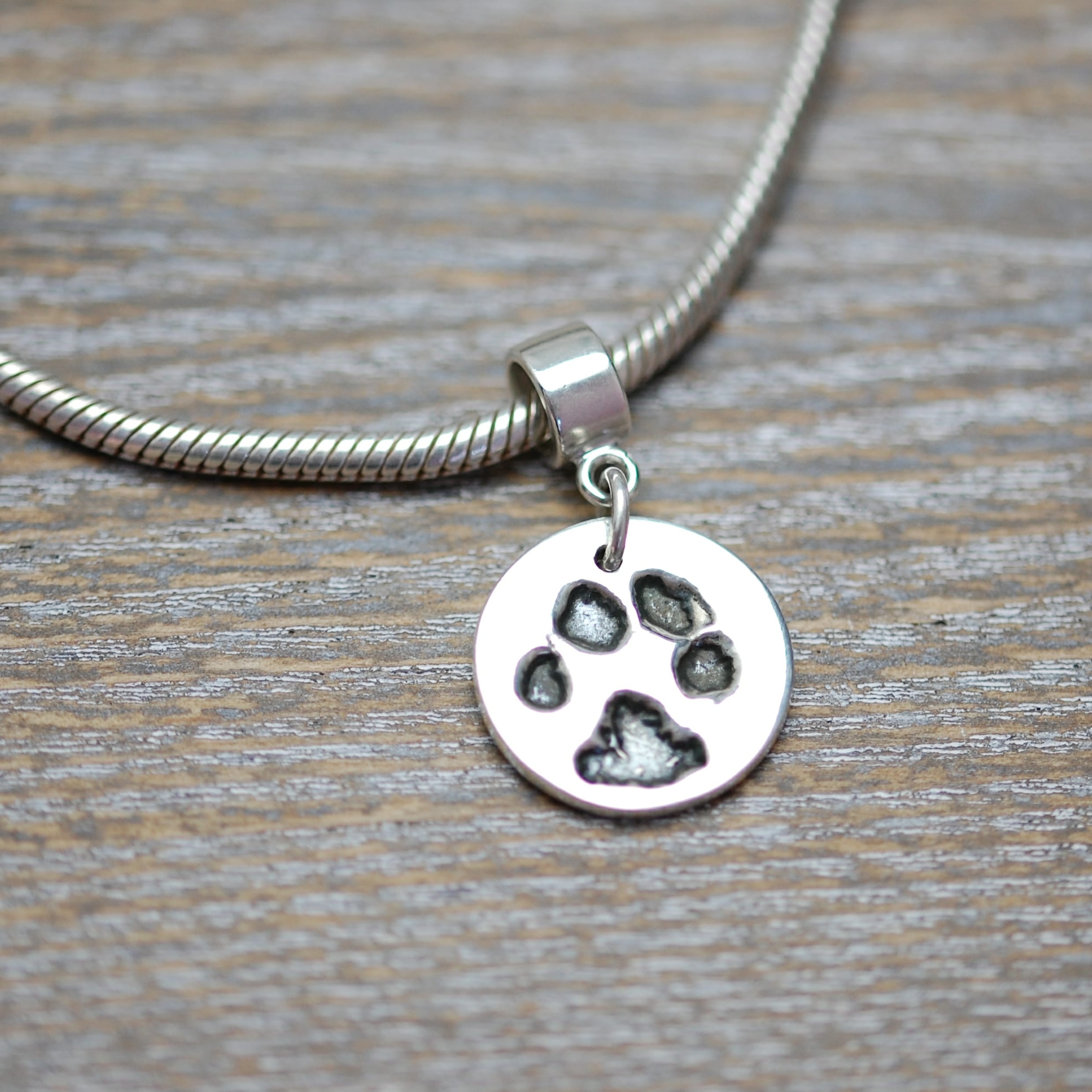 Silver circle paw print charm with charm carrier