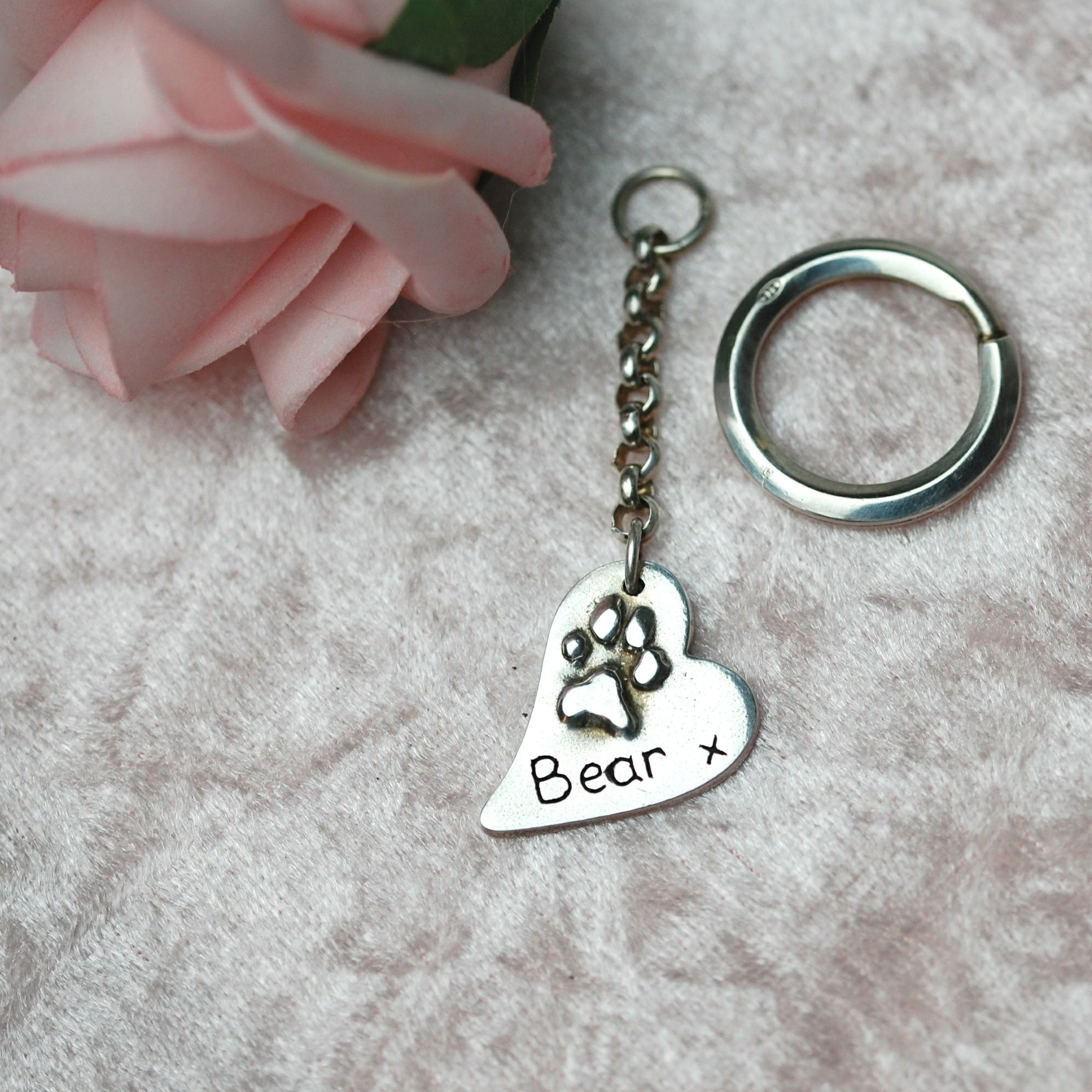 Sterling silver curved heart raised paw print keyring