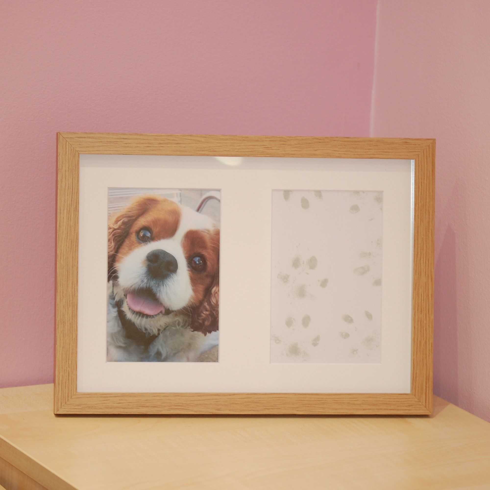 French oak effect frame part of paw print kit with dog paw print and photo keepsake