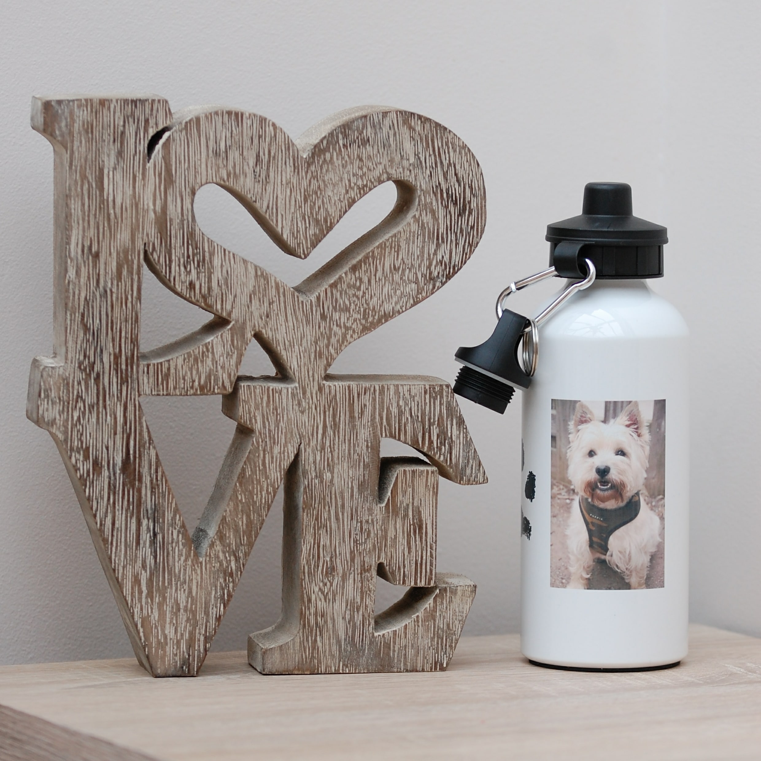 Water bottle personalised with your pet's paw print, photo and message