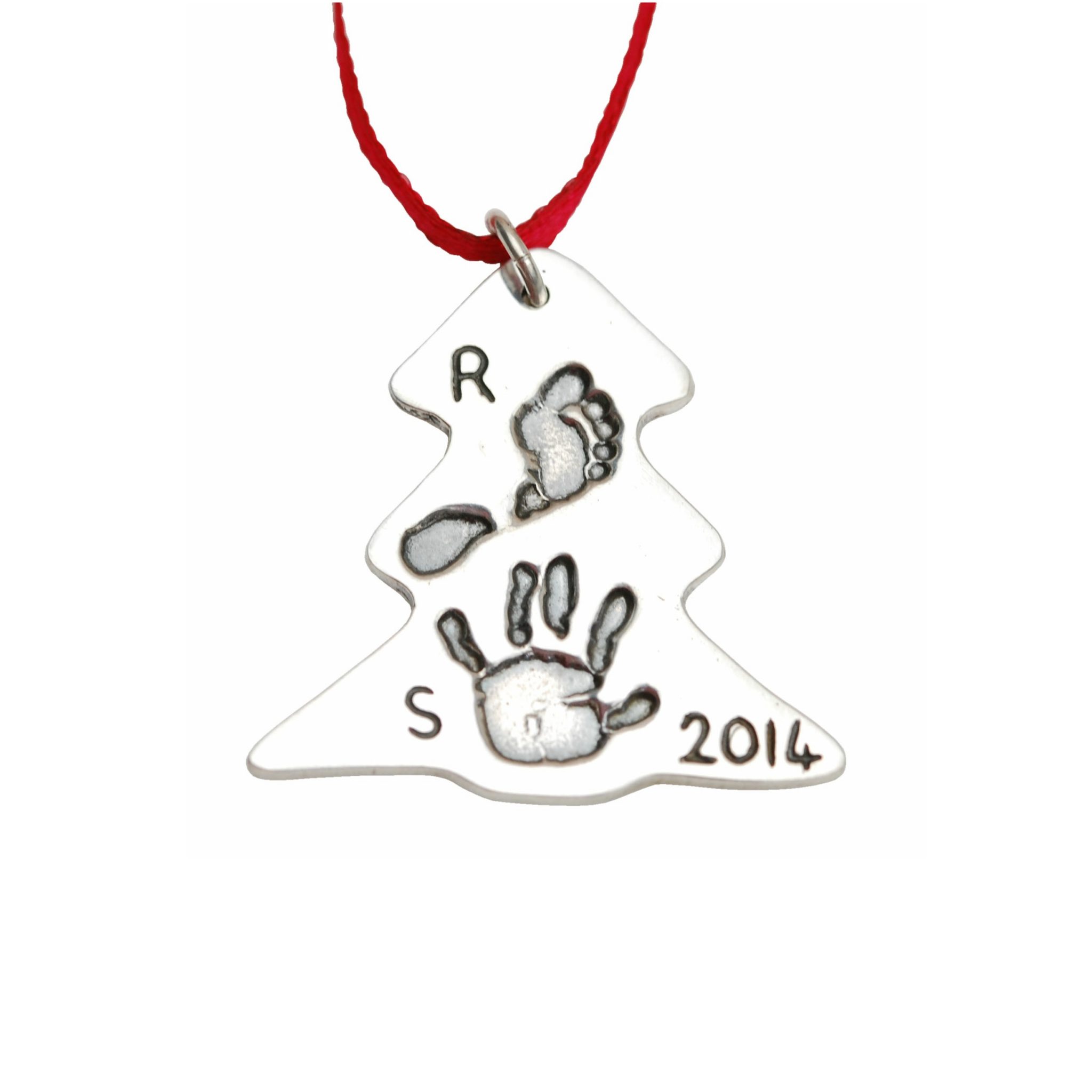 Silver Christmas tree decoration with hand and footprint