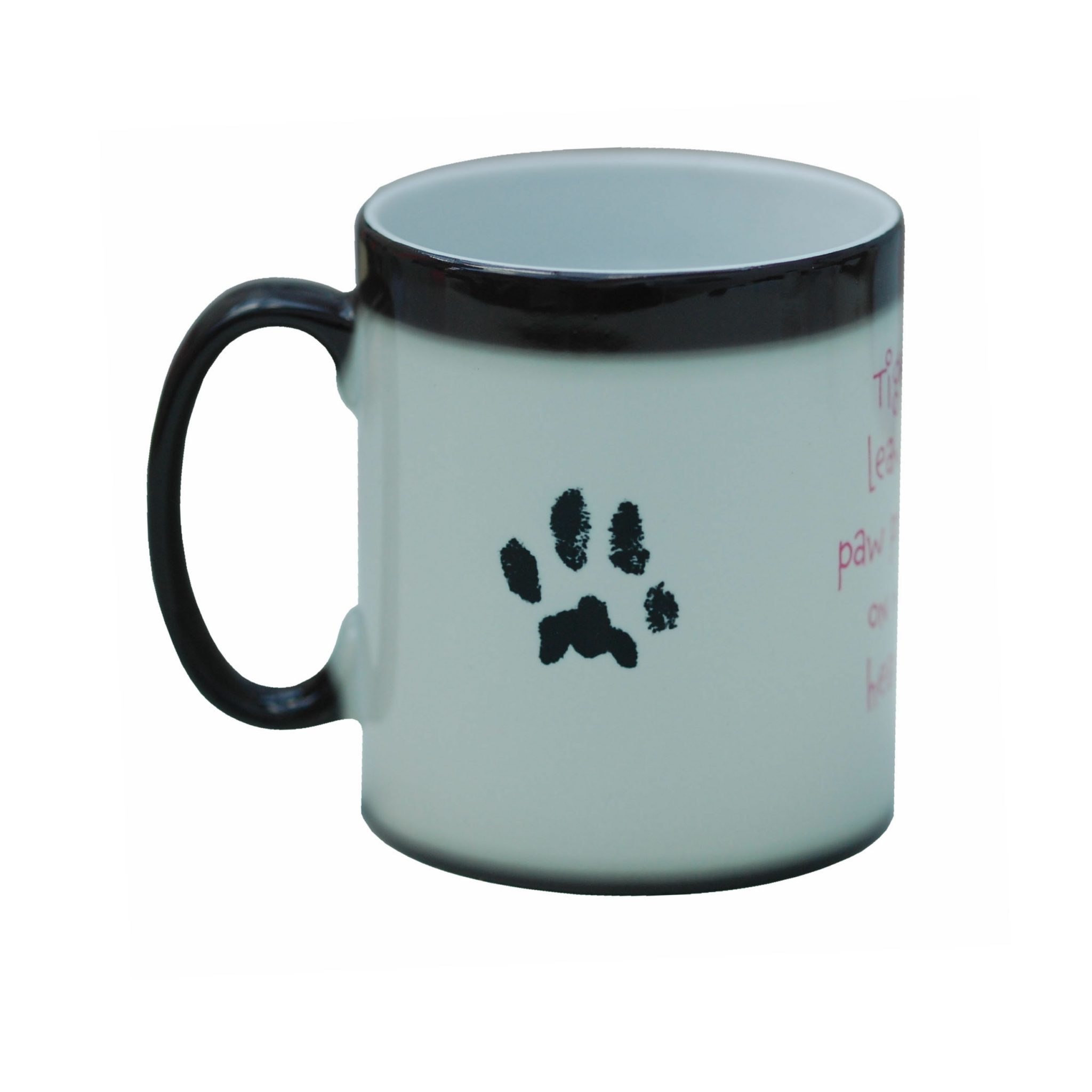Colour change mug personalised with paw print and photo
