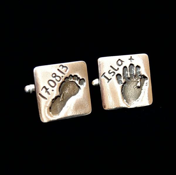 Square cufflinks with hand & footprint. Personalised with name and date of birth on the front.