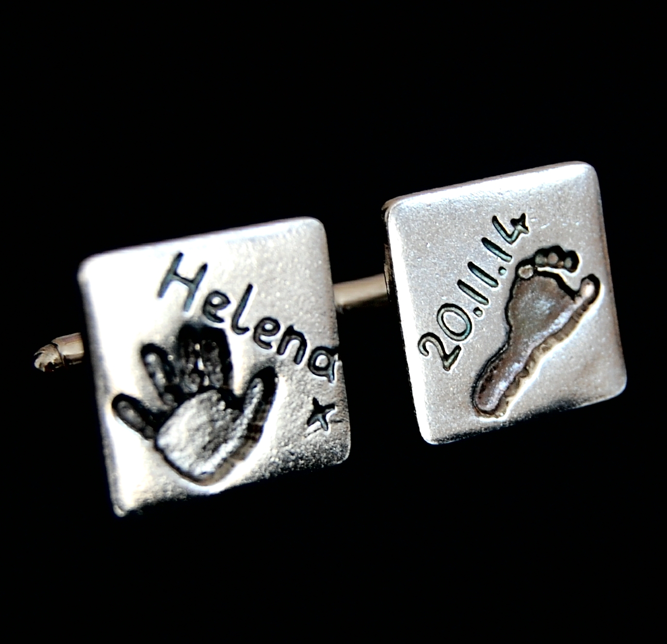 Square silver cufflinks with hand & footprint. Personalised with hand inscribed name and date of birth.