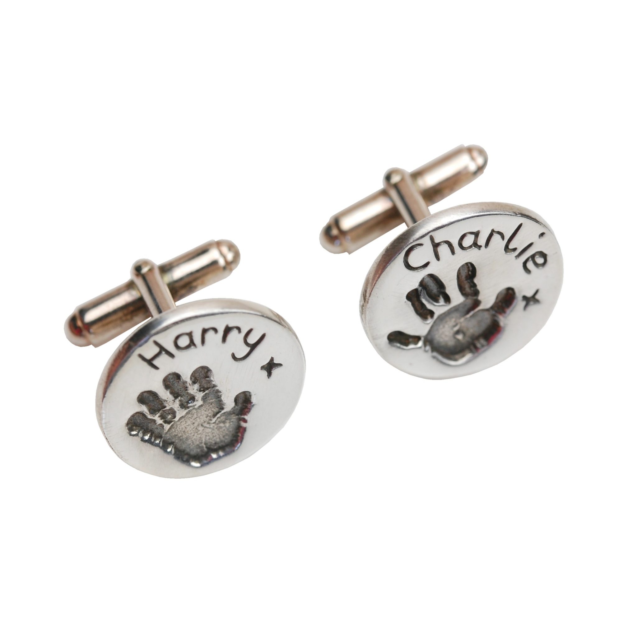 Silver circle cufflinks with your child's handprints