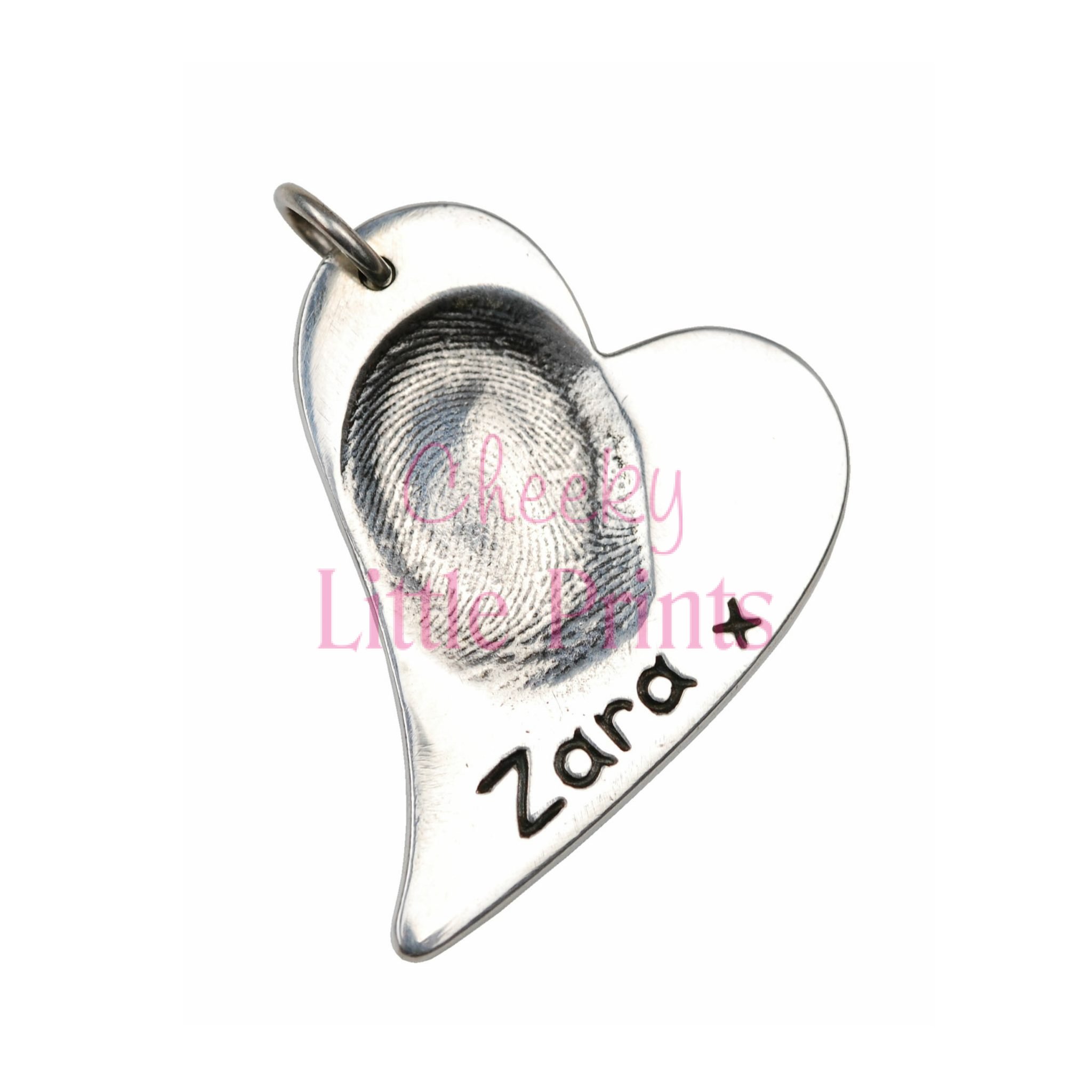 Large silver curved heart fingerprint charm