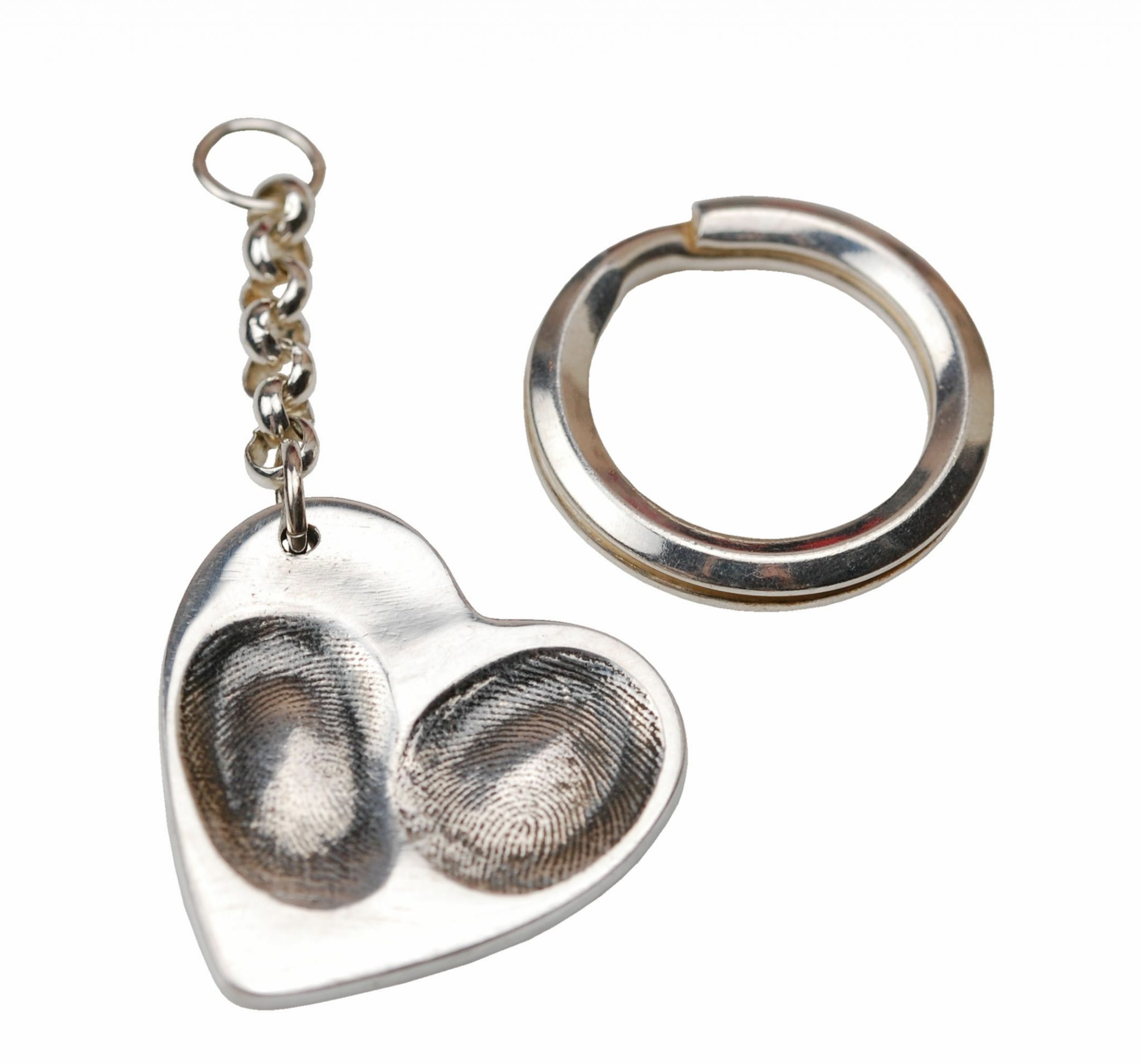 Silver heart keyring with two fingerprints