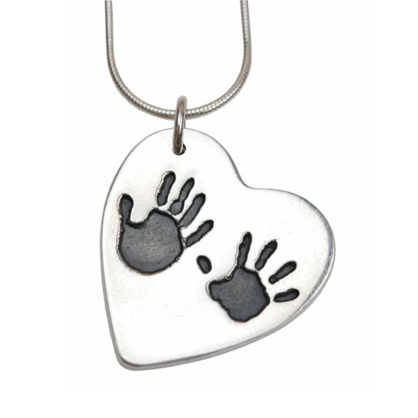 Large silver heart charm with hand and footprint