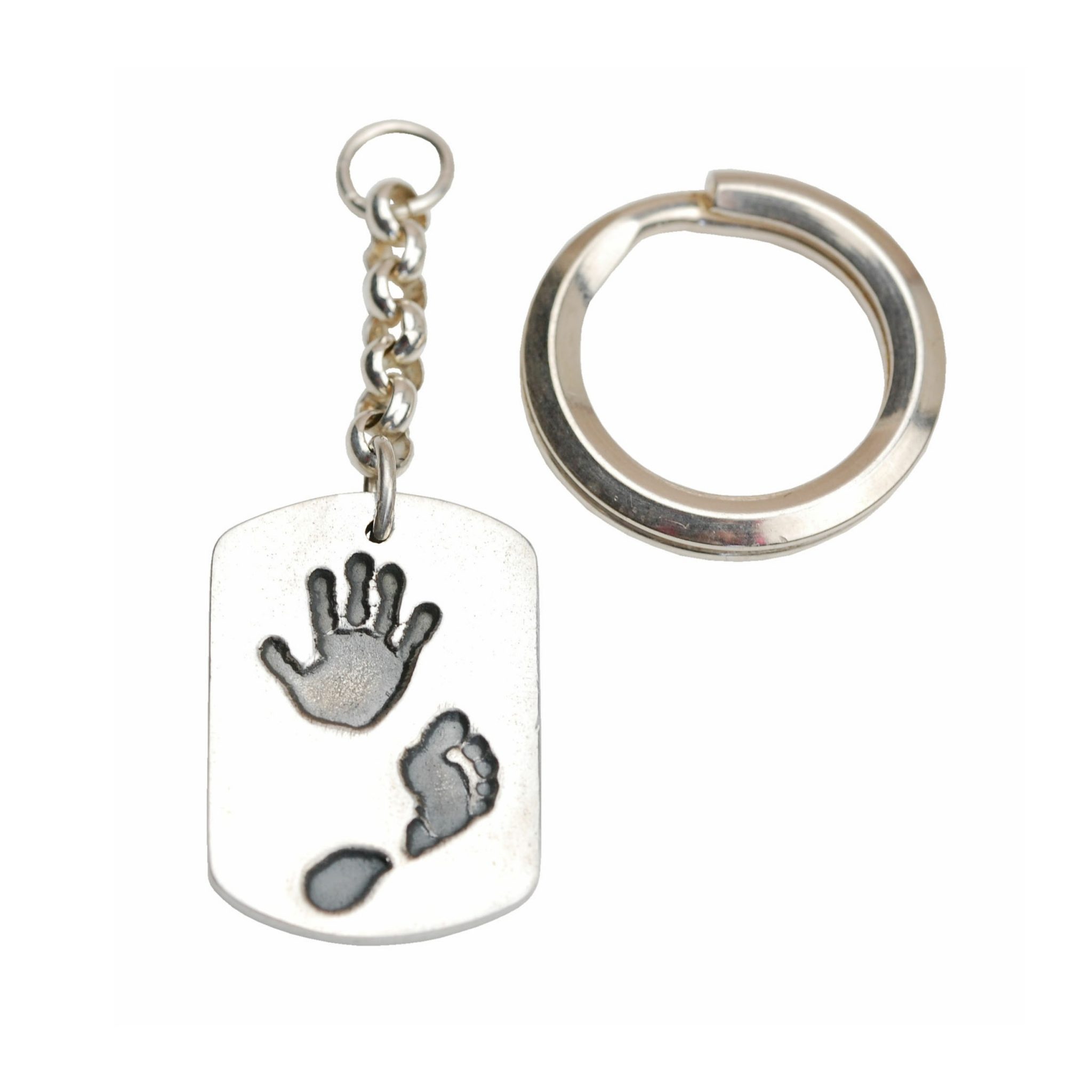 Large silver dog tag hand and footprint keyring