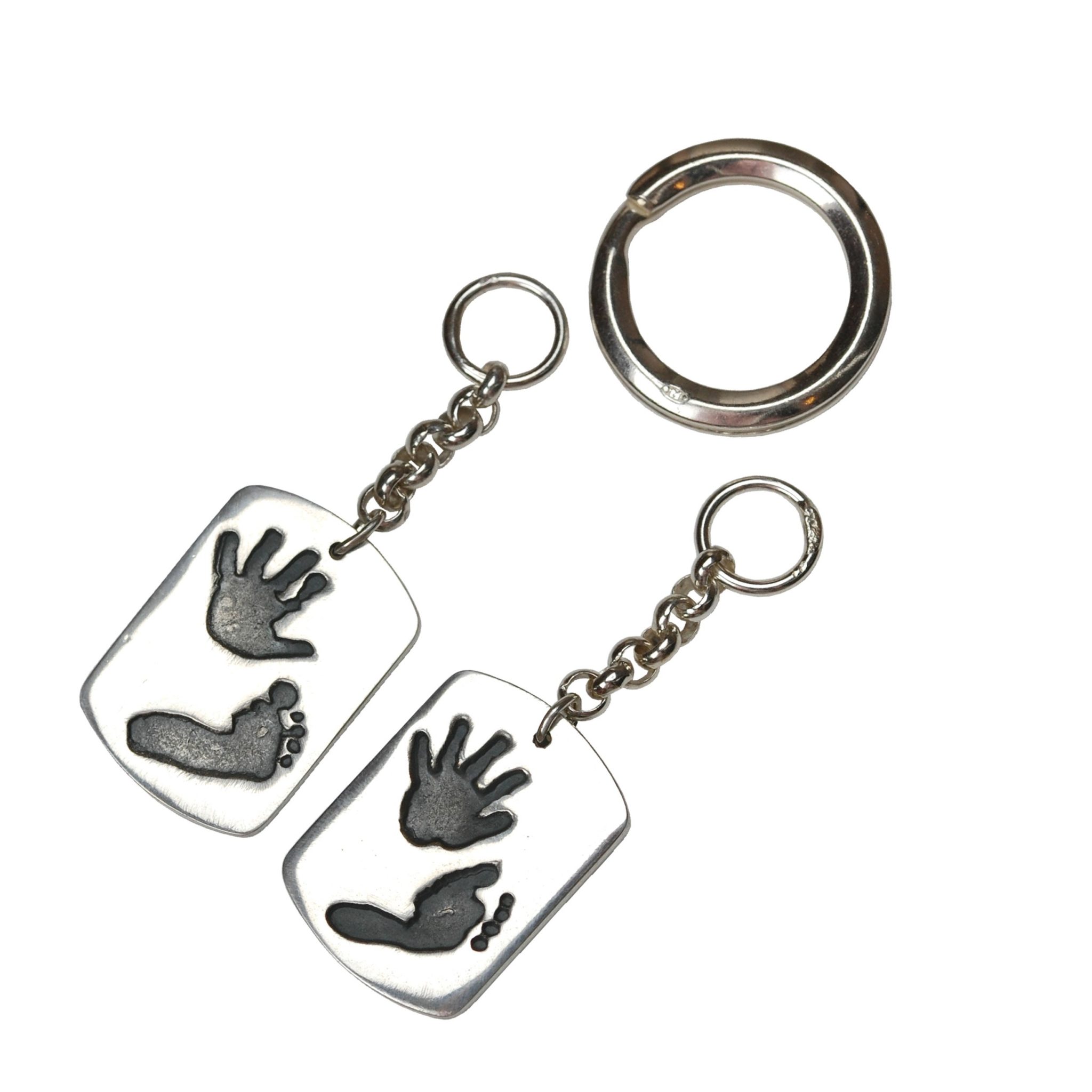 Large silver dog tag keyrings with hand and footprints