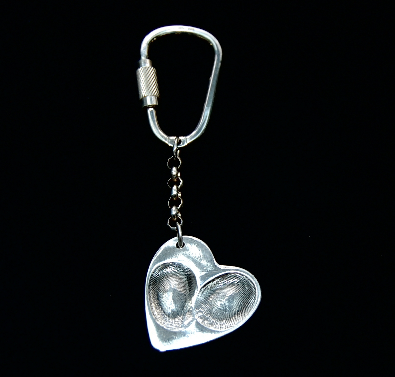Large heart shaped silver fingerprint keyring with sterling silver keyring attachment.