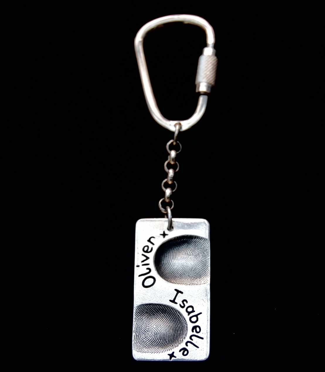 Large rectangle shaped silver fingerprint keyring with sterling silver keyring attachment.