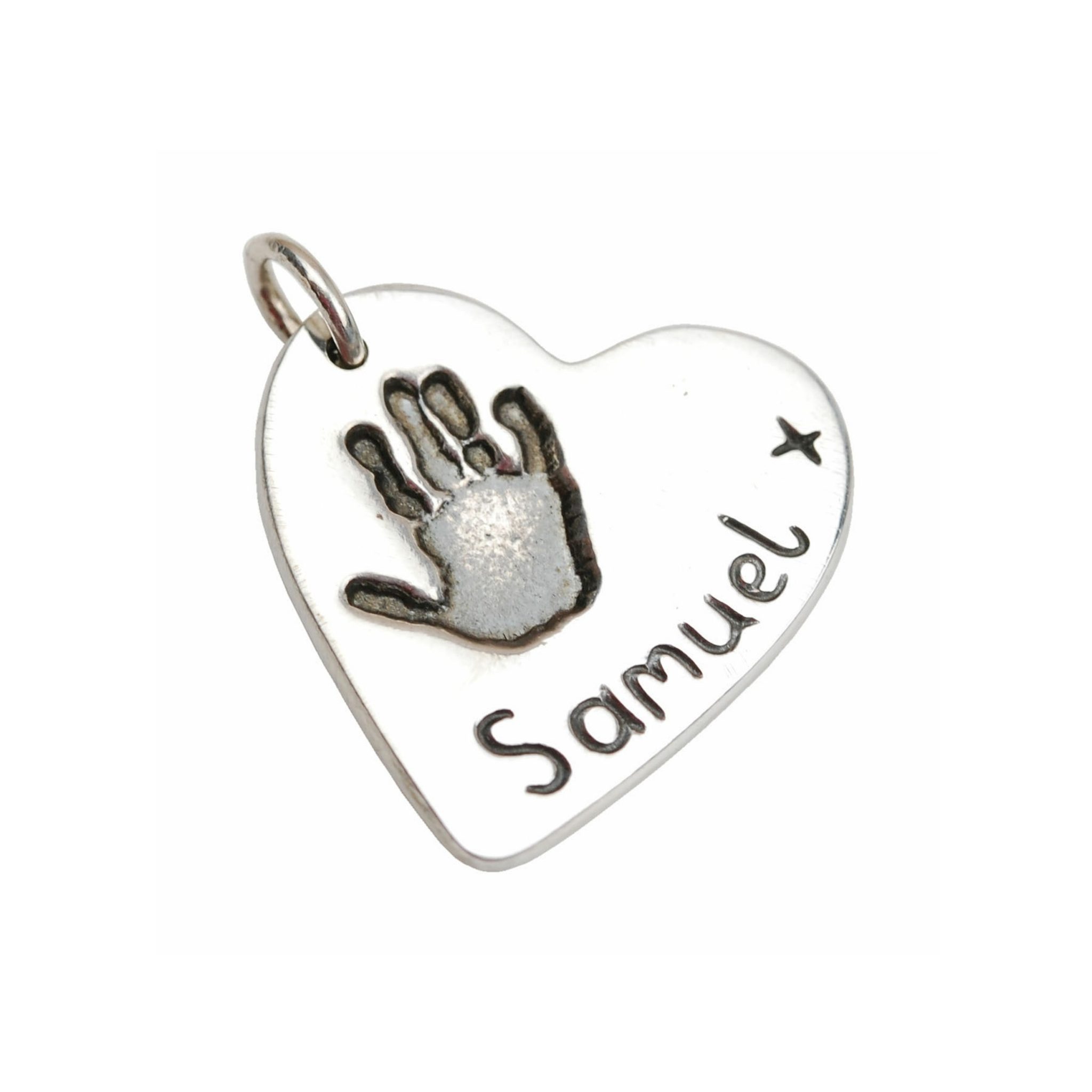 Silver heart charm with your little one's hand print