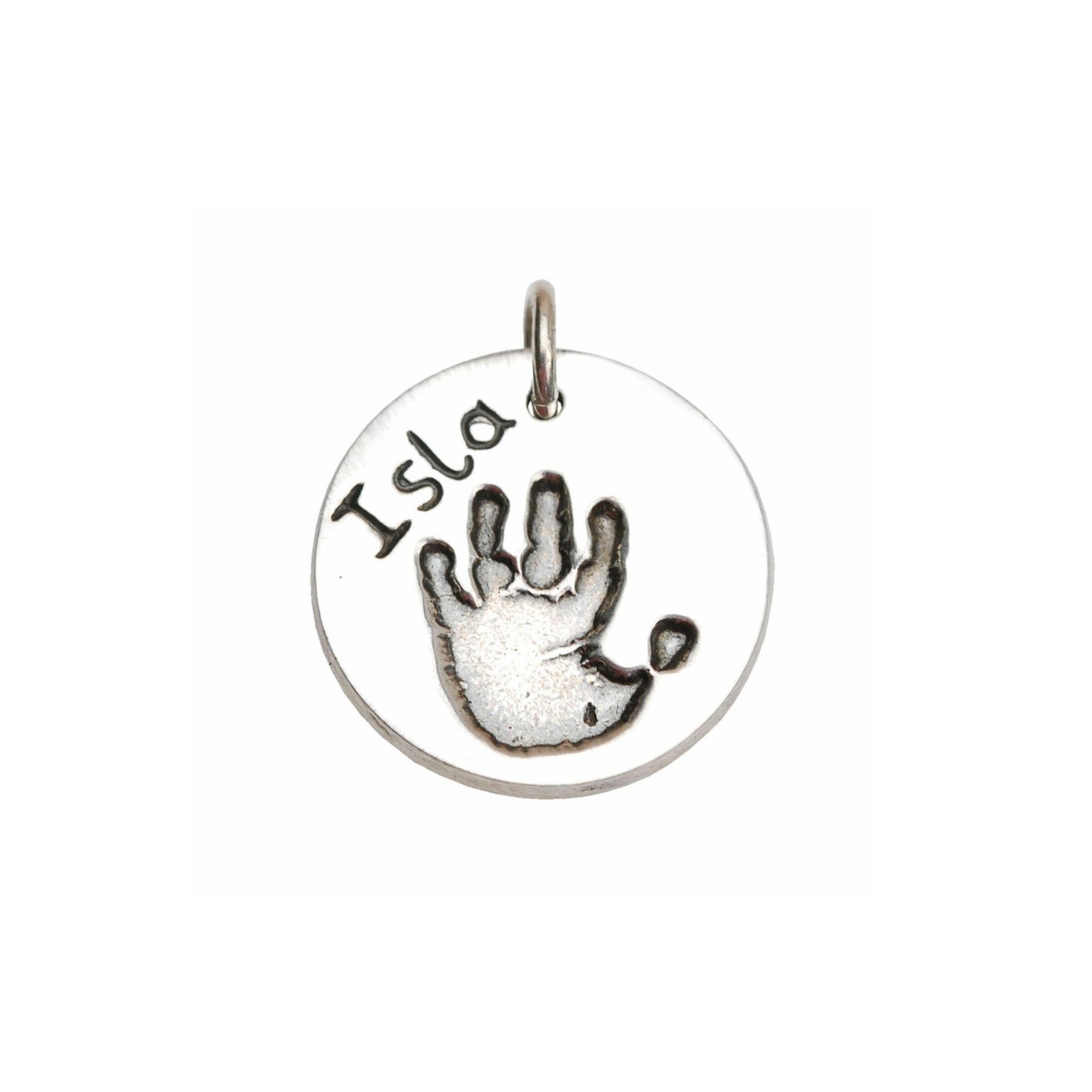 Silver circle with your little one's handprint and name