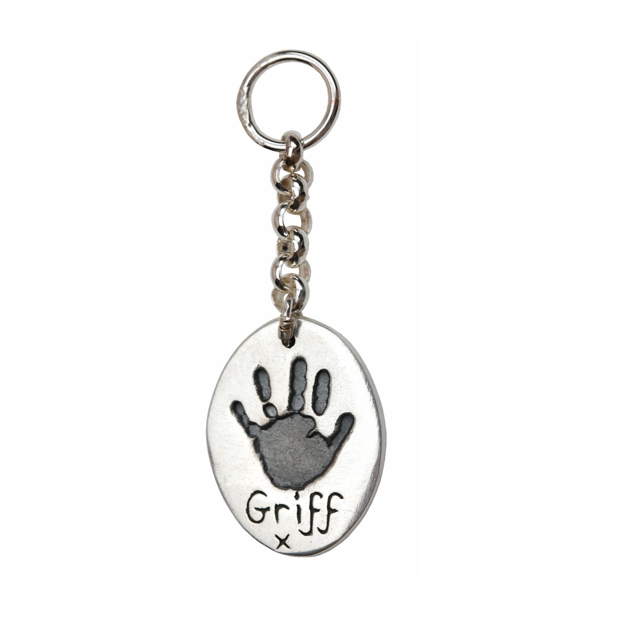 Silver oval keyring with handprint