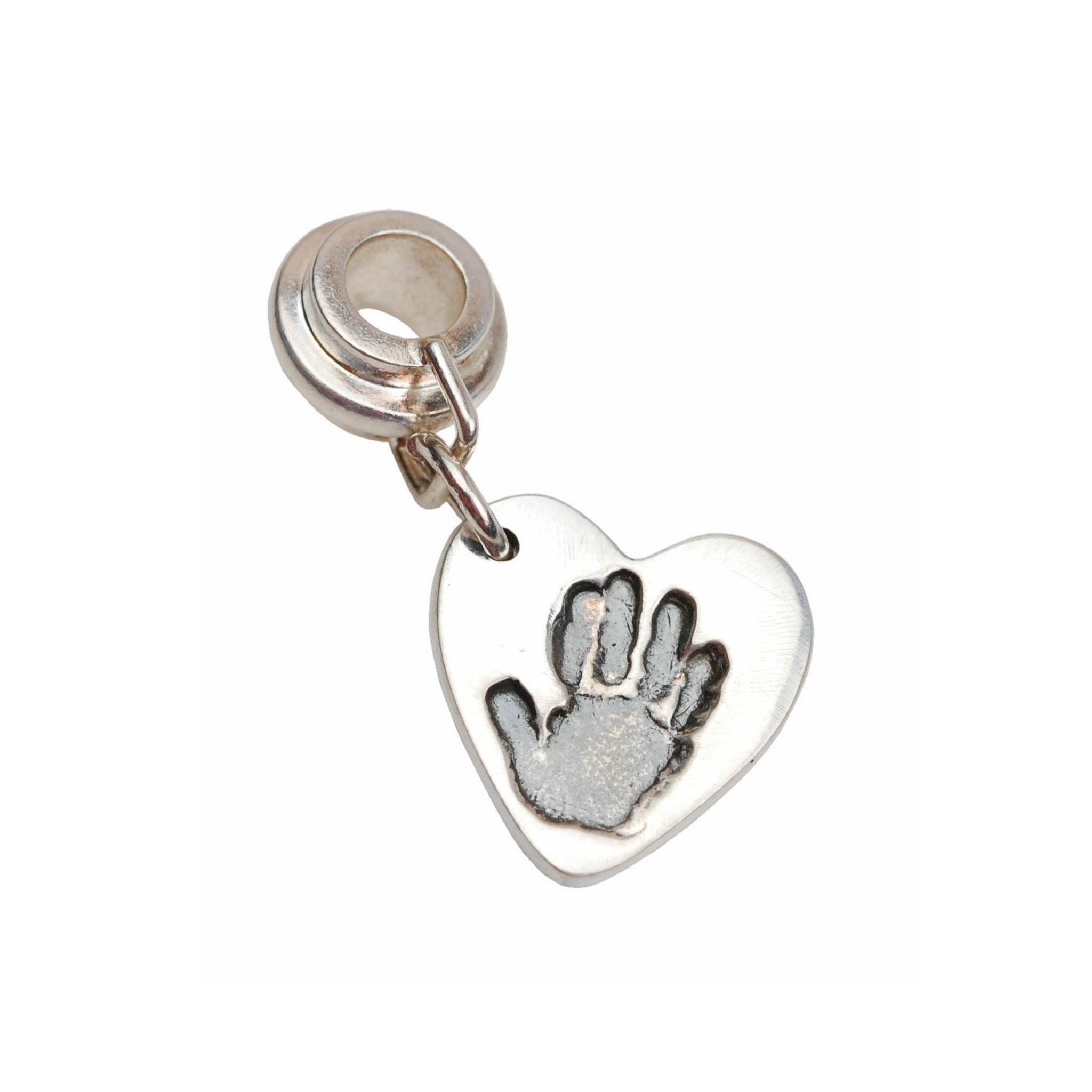 Silver heart hand print charm with charm carrier