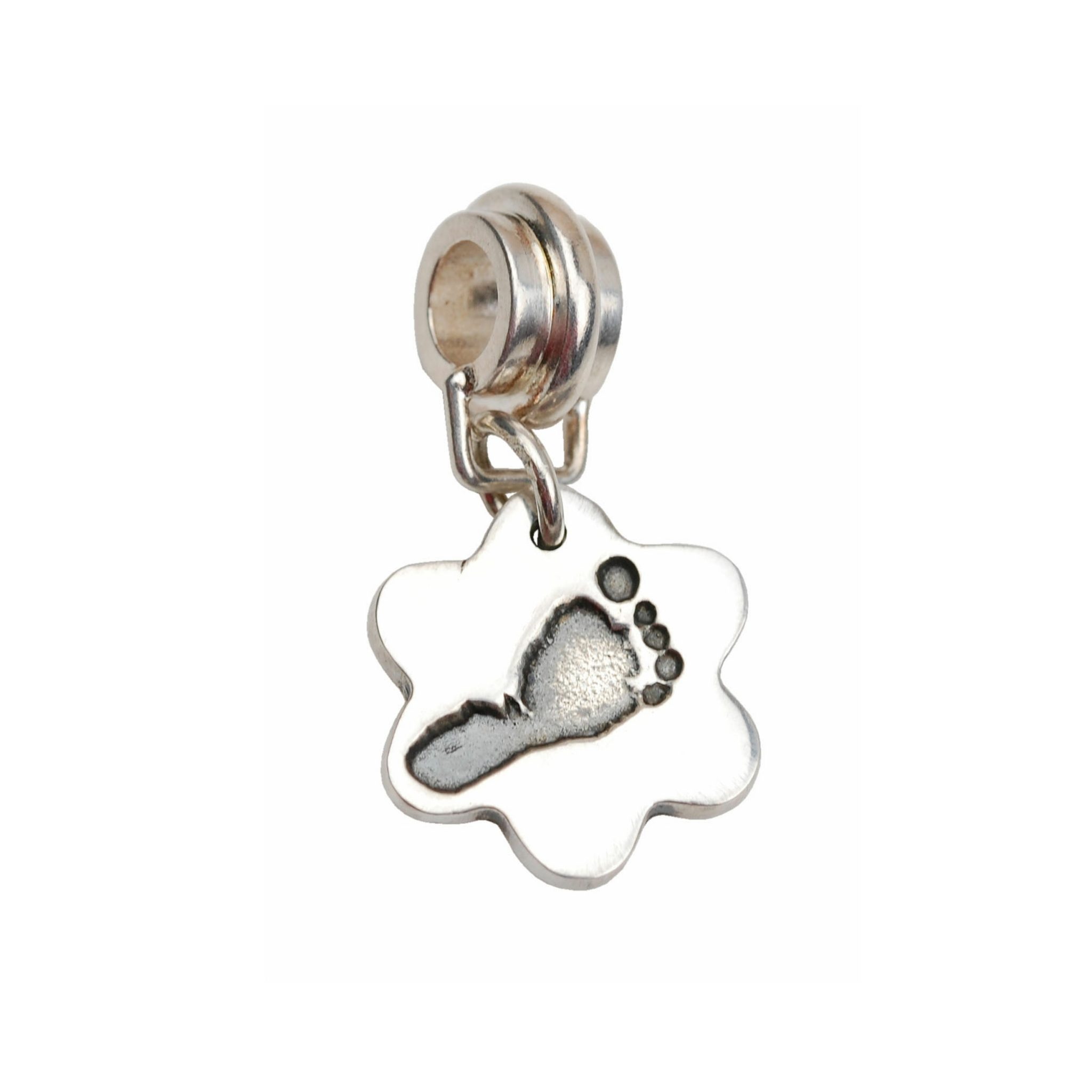 Silver flower footprint charm with charm carrier