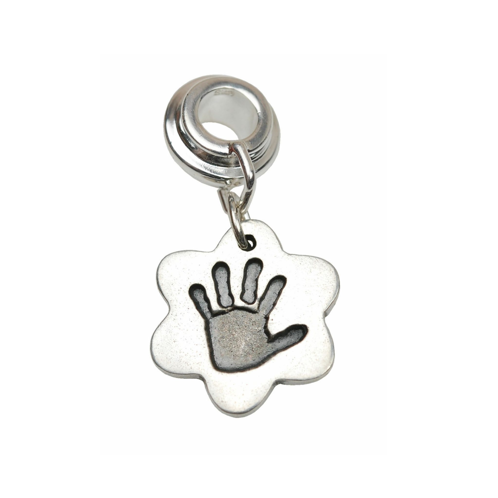 Silver flower hand print charm with charm carrier