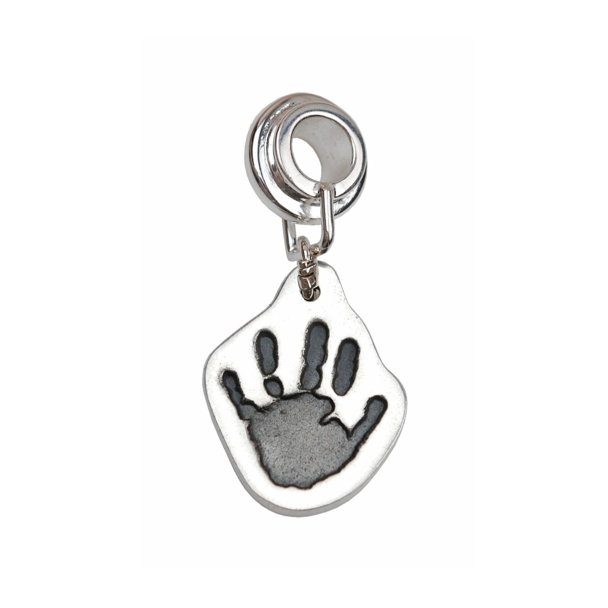 Silver cut out hand tprint charm with charm carrier