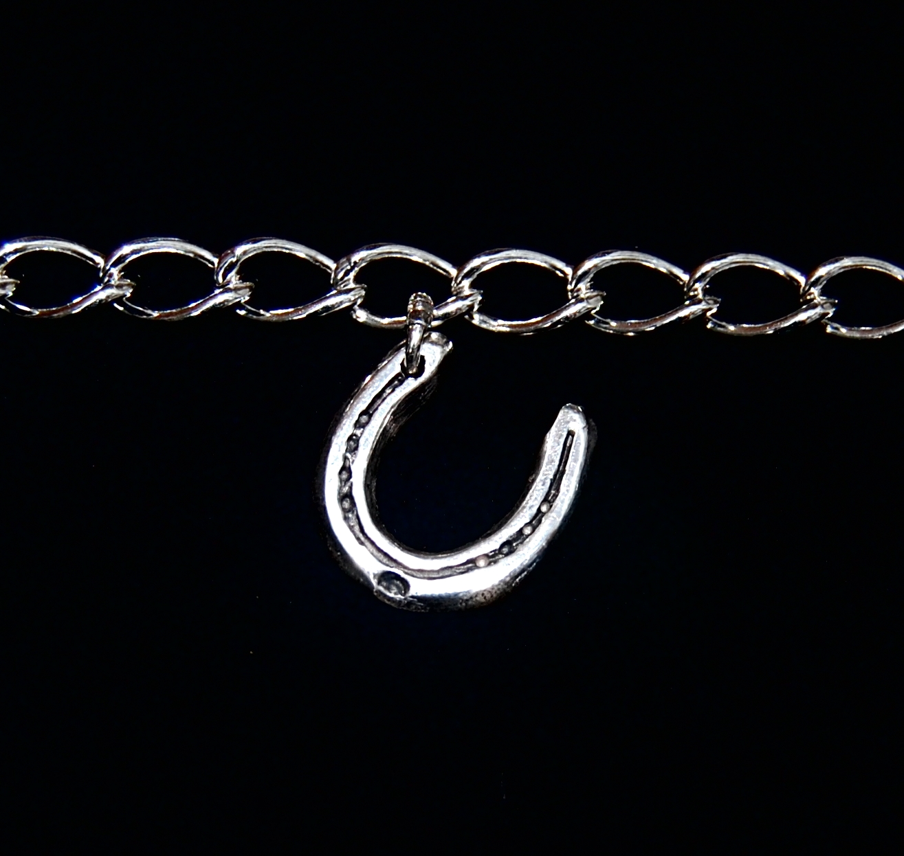 Small horse shoe cut out charm presented on a T-bar curb chain bracelet. Bracelet can be purchased separately.