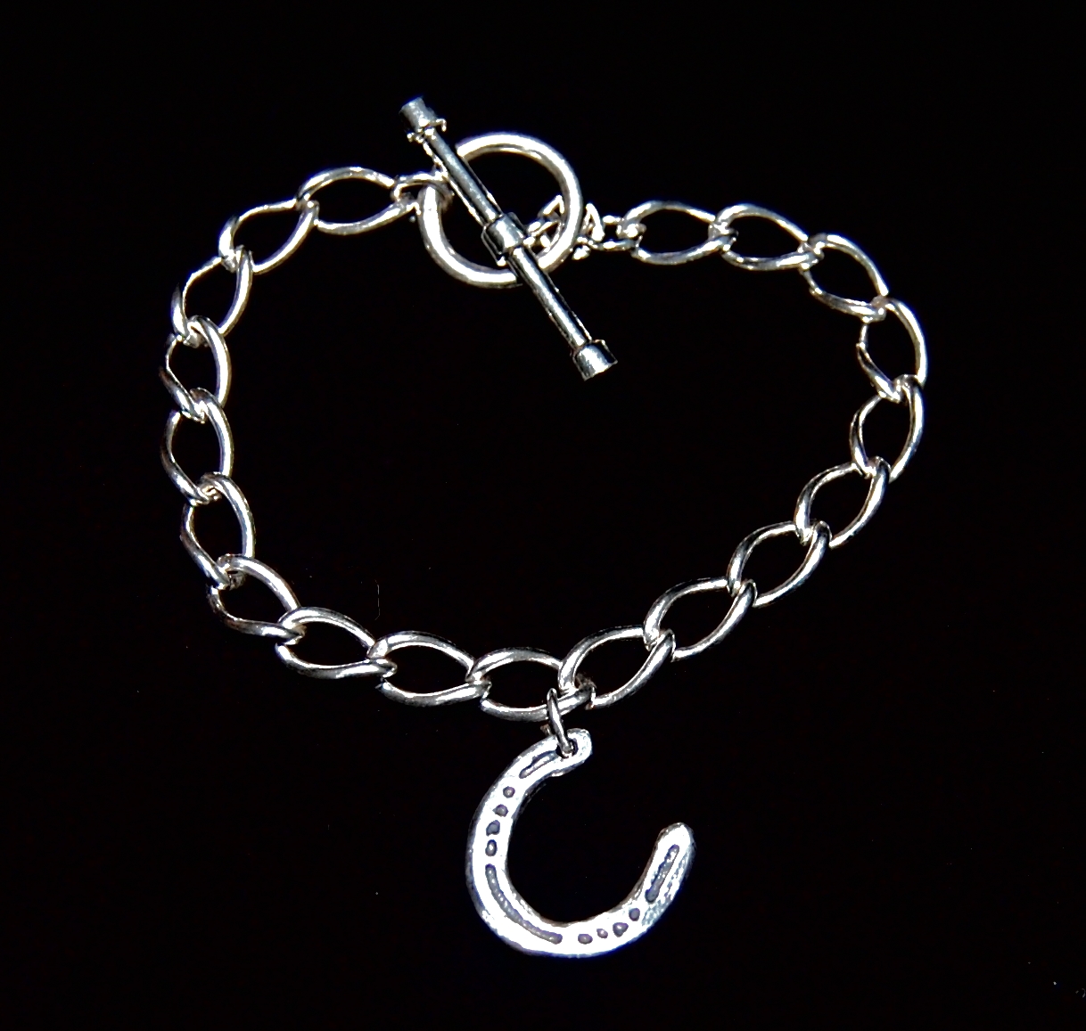 T-bar curb chain bracelet with small silver horse shoe charm.