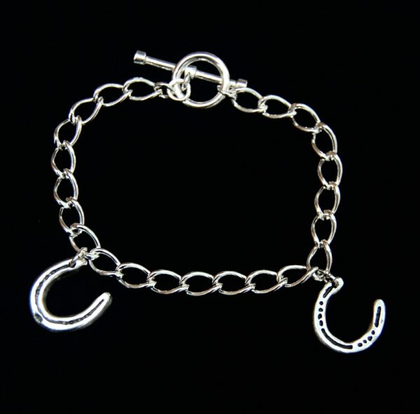 T-bar curb chain bracelet with 2 small silver horse shoe charms. Bracelet can be purchased separately.