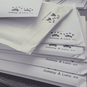 Envelopes stamped with unique cat paw prints