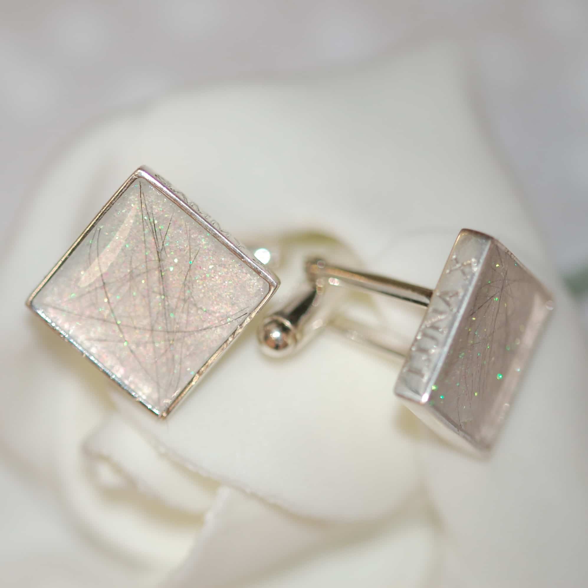 Silver cufflinks with pet fur or cremation ashes