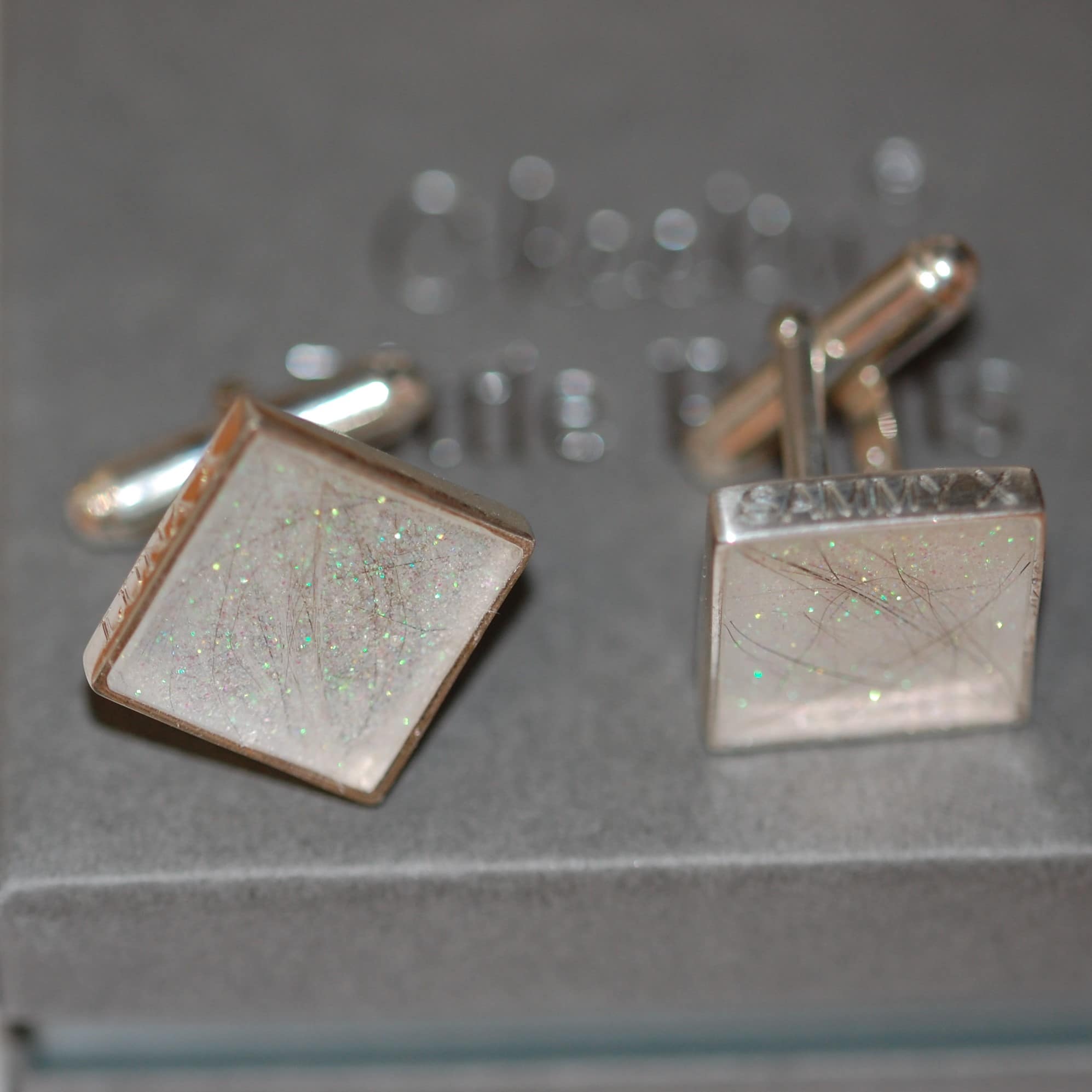 Silver cufflinks with pet fur or cremation ashes