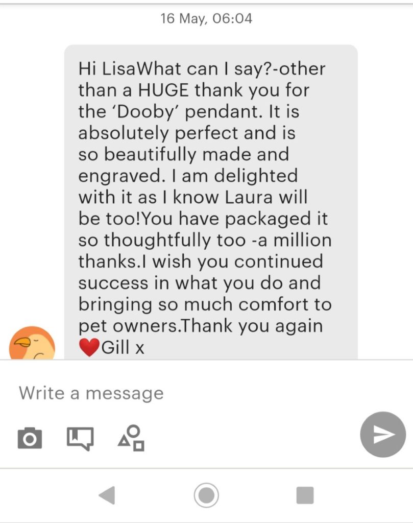 Customer feedback message on Etsy after ordering paw print pet cremation ashes pendant