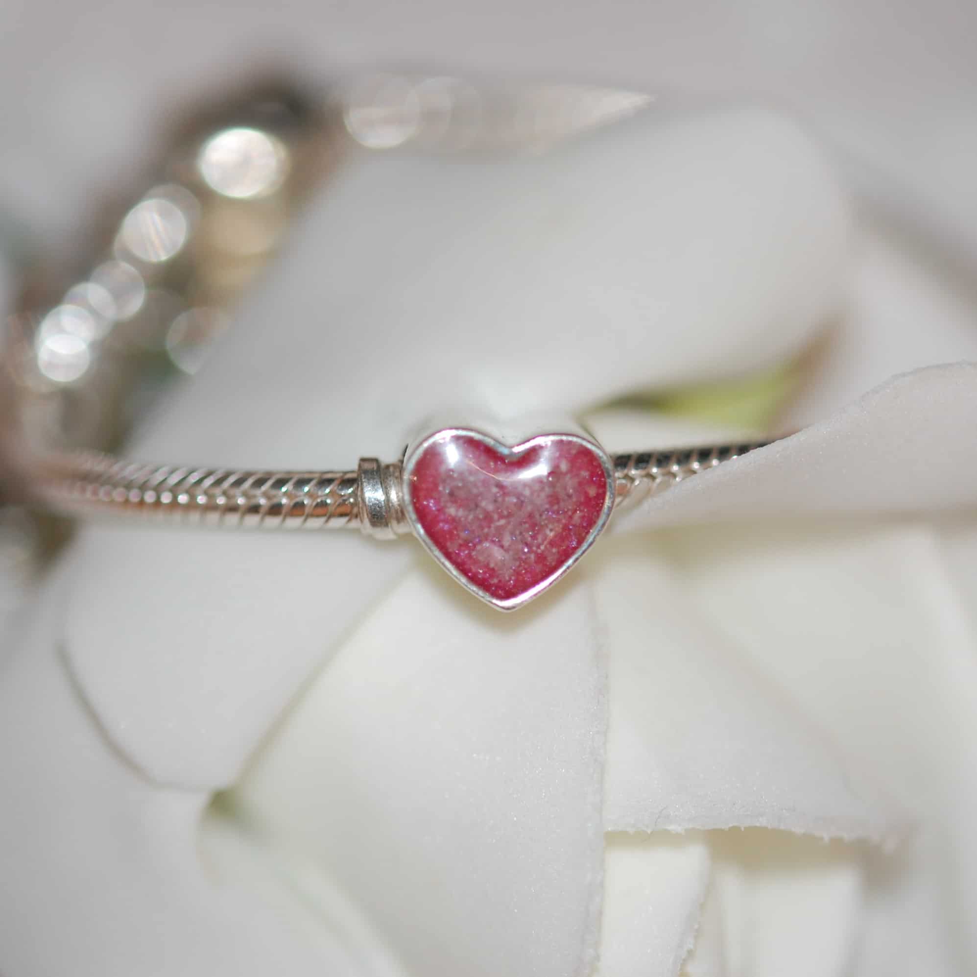 Silver heart charm bead with your pet's fur or cremation ashes