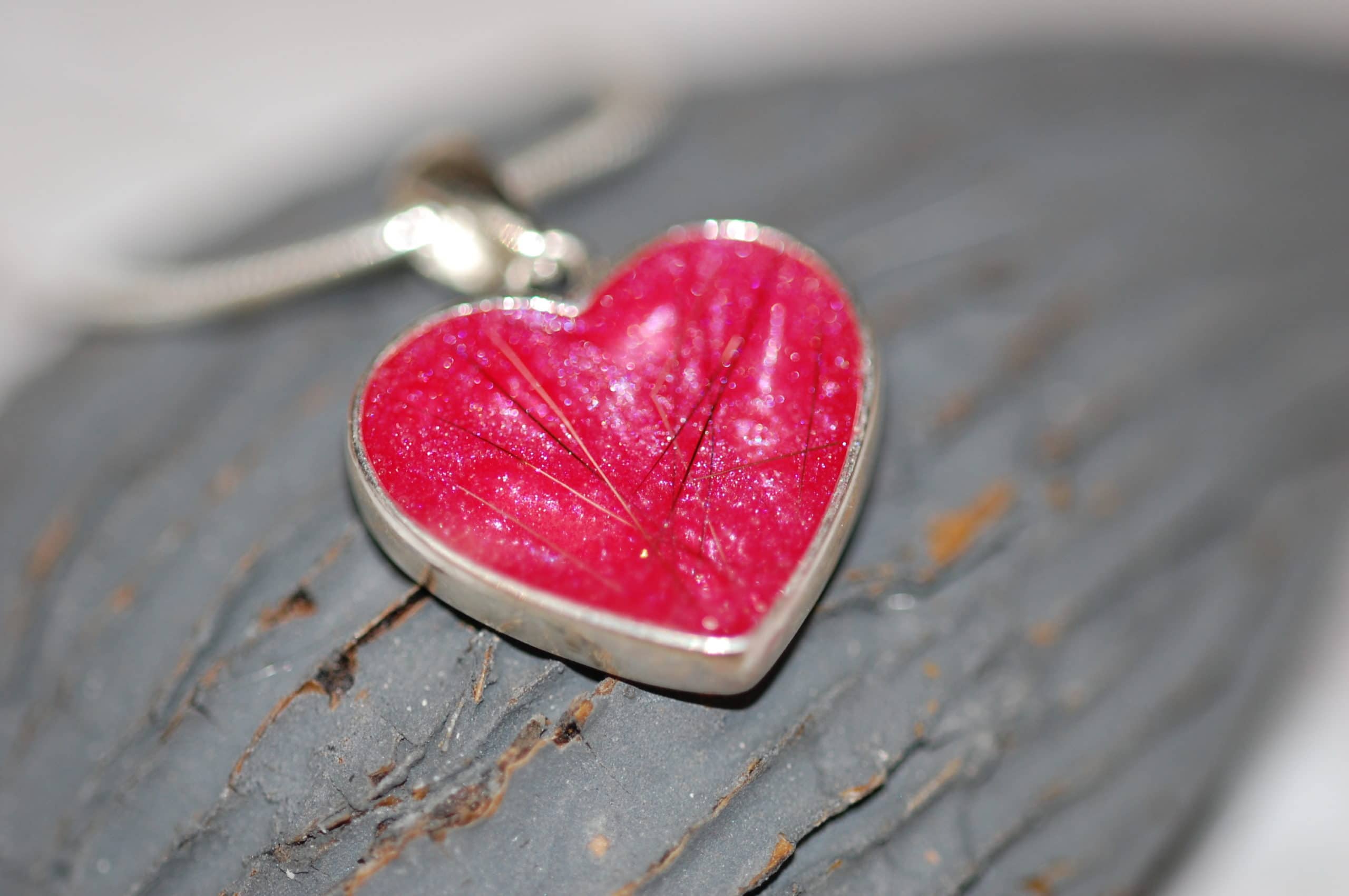 Heart with silver heart pendant with pet fur or cremation ashes pet fur