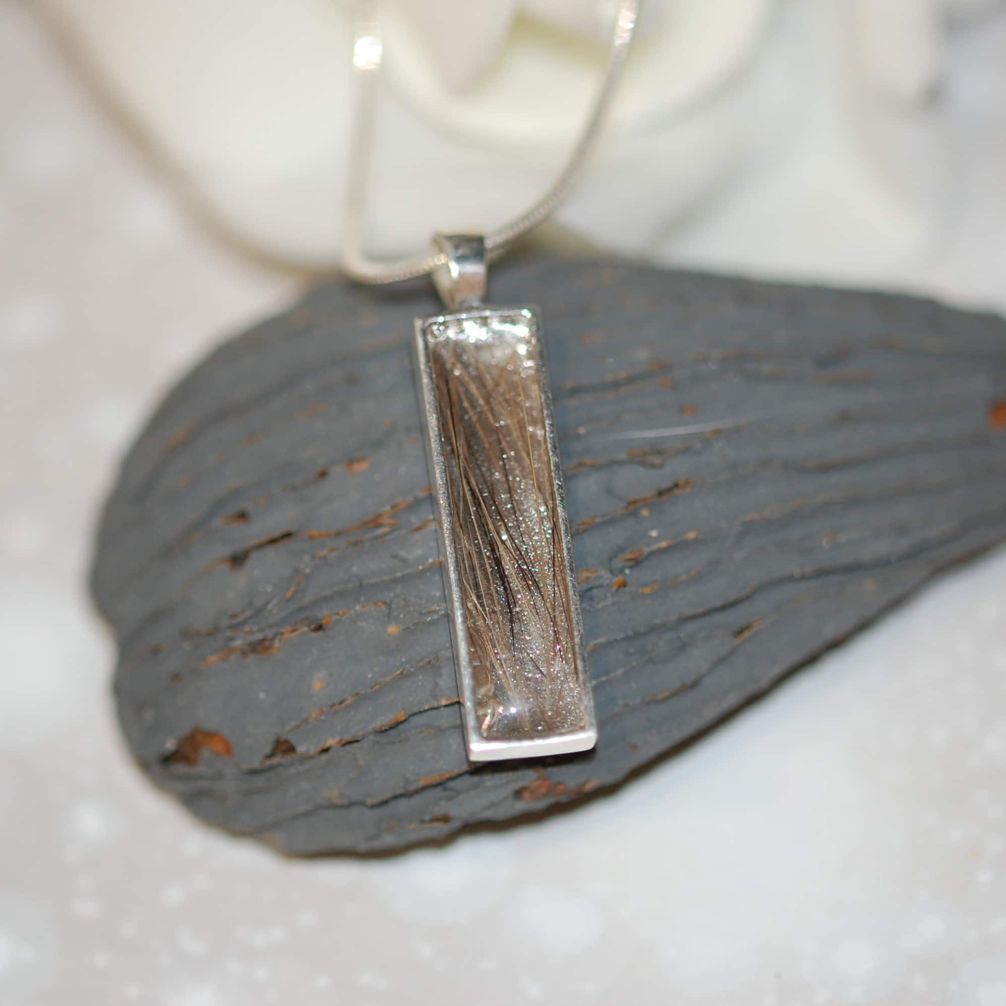 Silver rectangle pendant with pet fur or cremation ashes