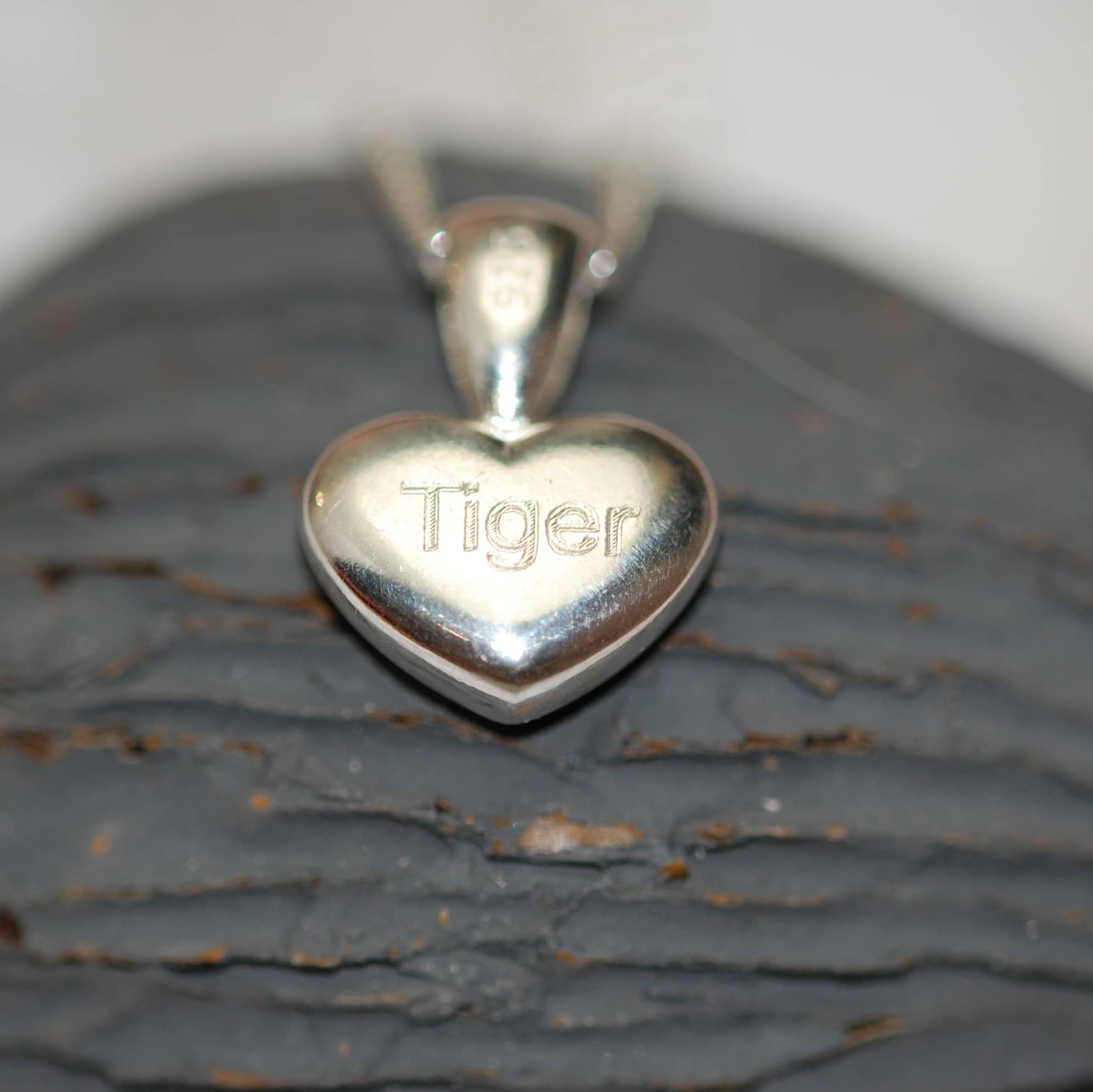 Pet name engraved on the back of silver heart pendant with pet fur or cremation ashes