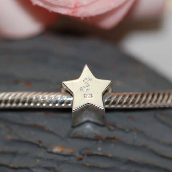 Initial engraved on the back of silver star charm bead with pet fur or cremation ashes