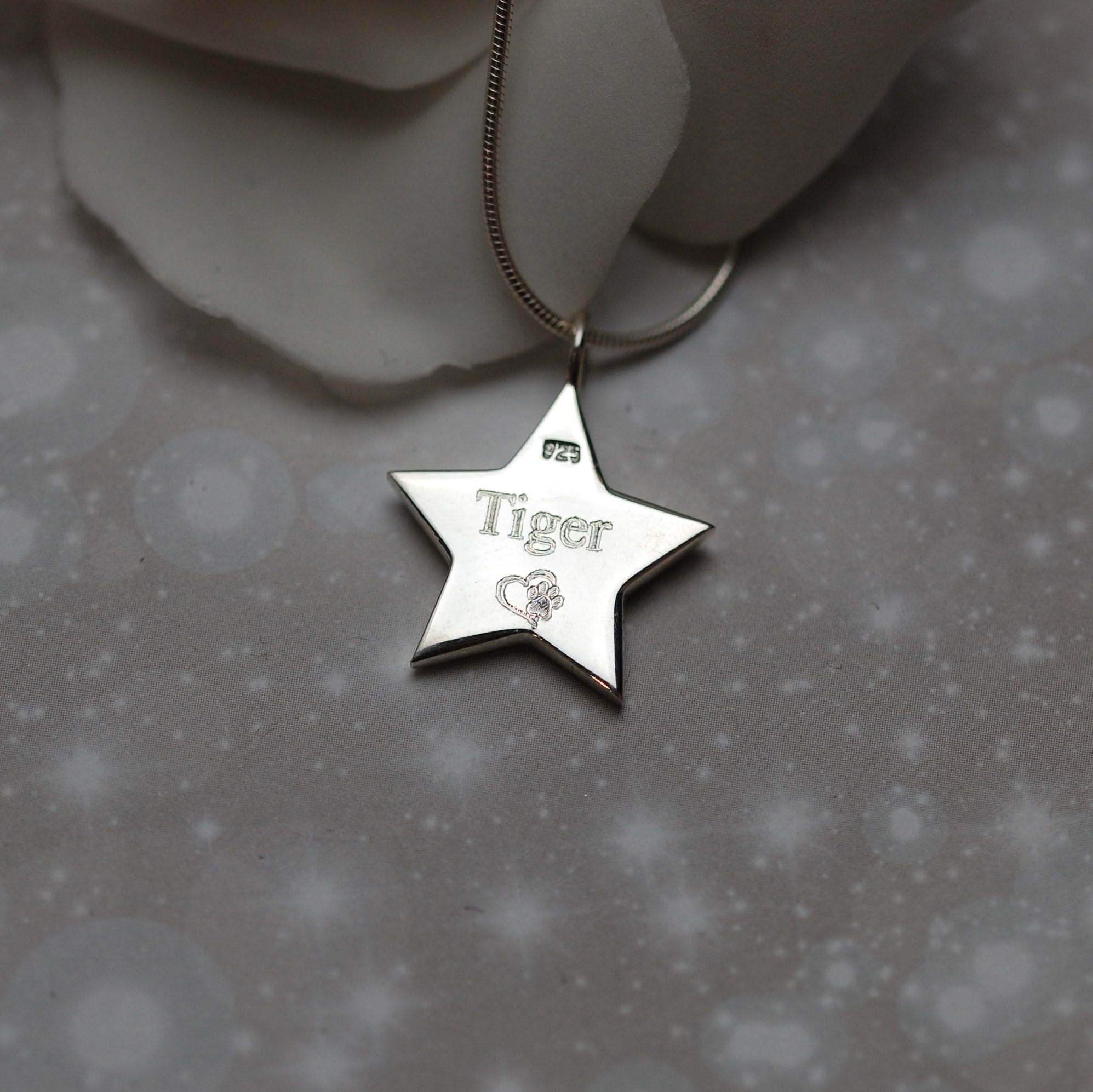 Pet name engraved on the back of silver star pendant with pet fur or cremation ashes
