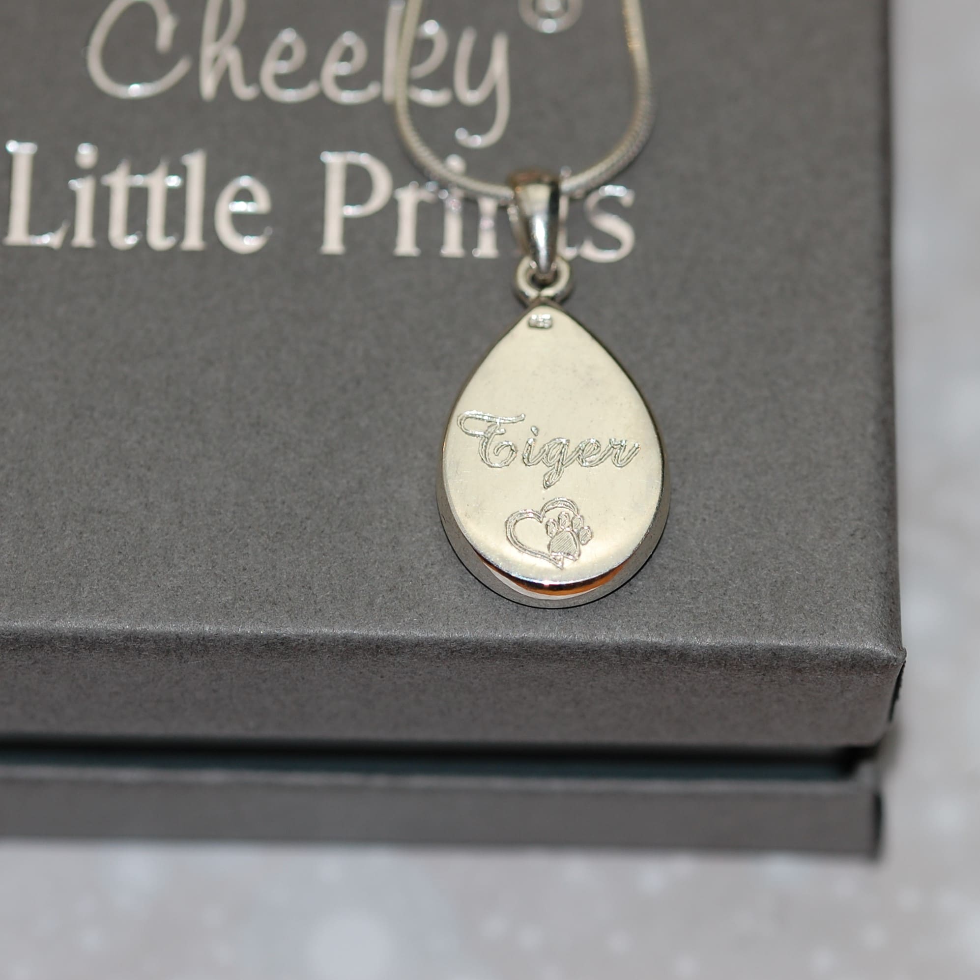 Pet name inscribed on the back of a silver tear drop pendant with pet fur or cremation ashes