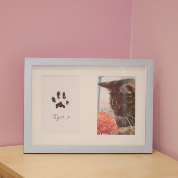 Brushed silver frame, part of paw print kit with cat paw print and photo keepsake