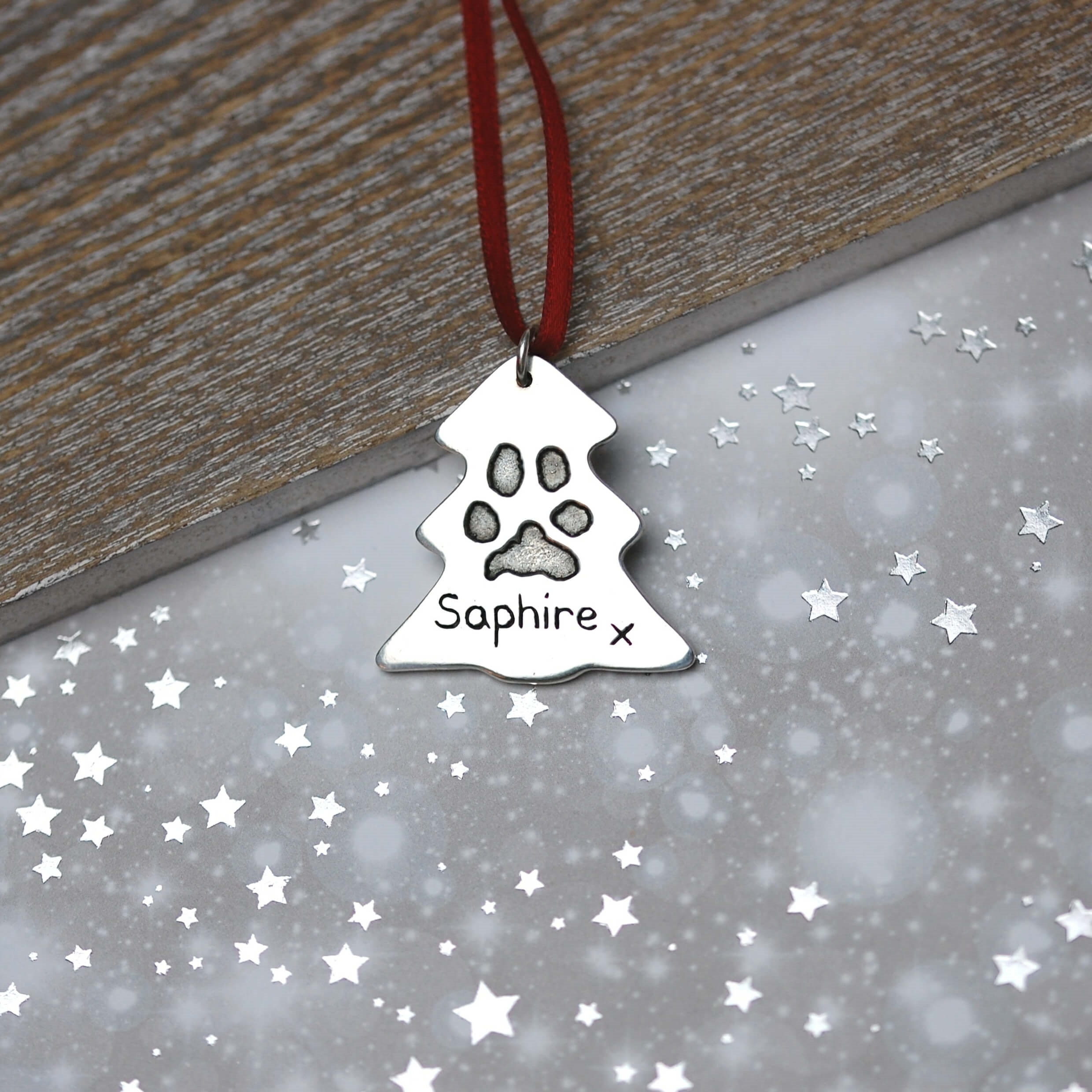 Silver Christmas tree personalised Christmas decoration with your pet's unique paw print