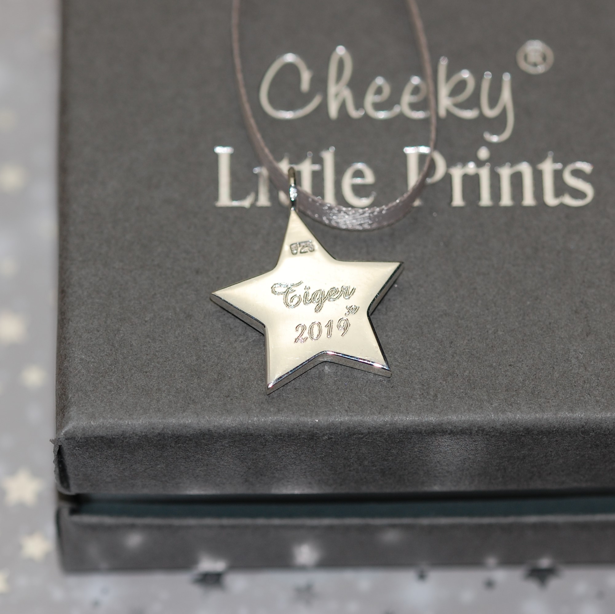 Pet name engraved on the back of sterling silver star with pet cremation ashes