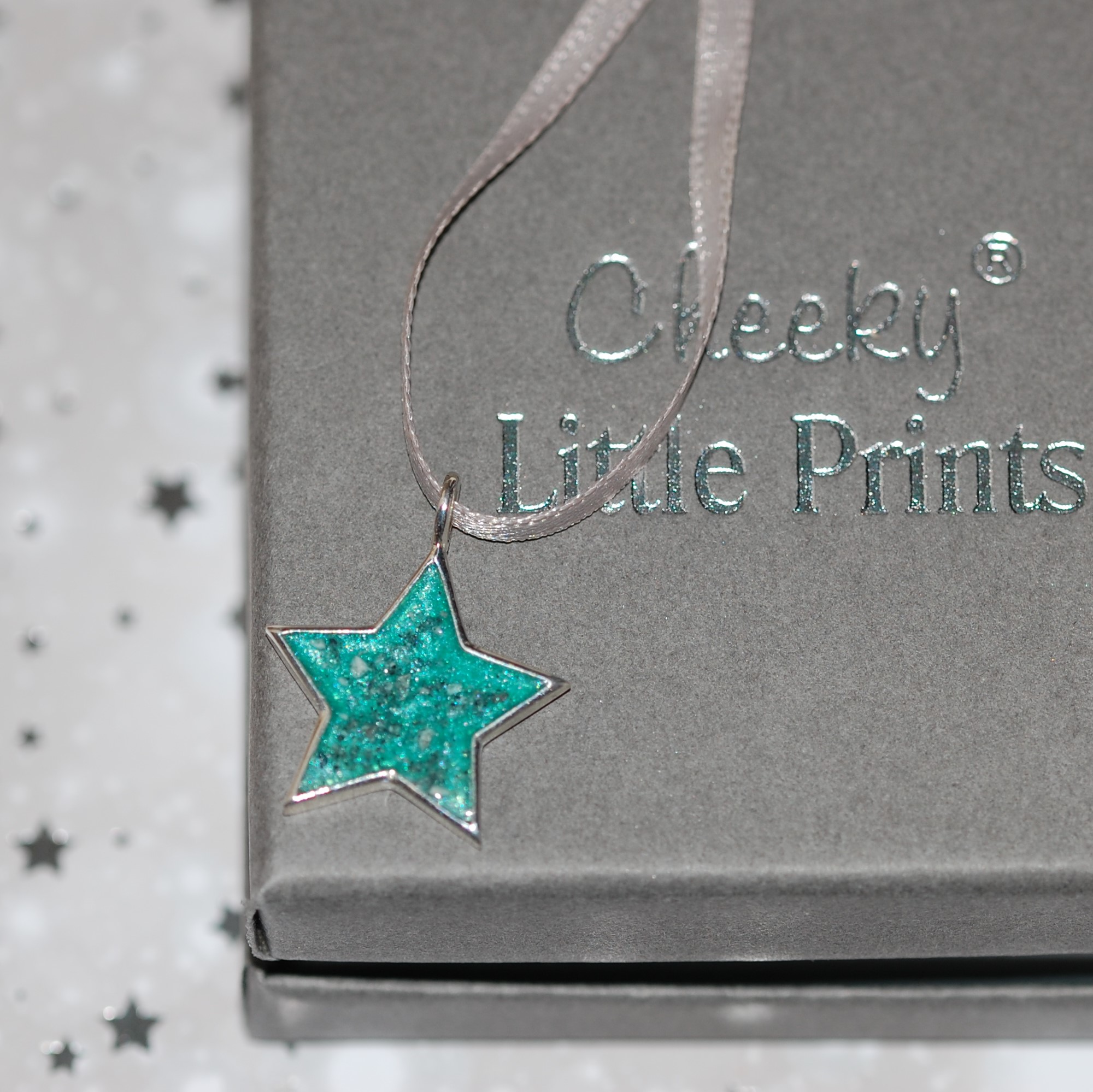 Silver star Christmas decoration with pet cremation ashes and teal resin